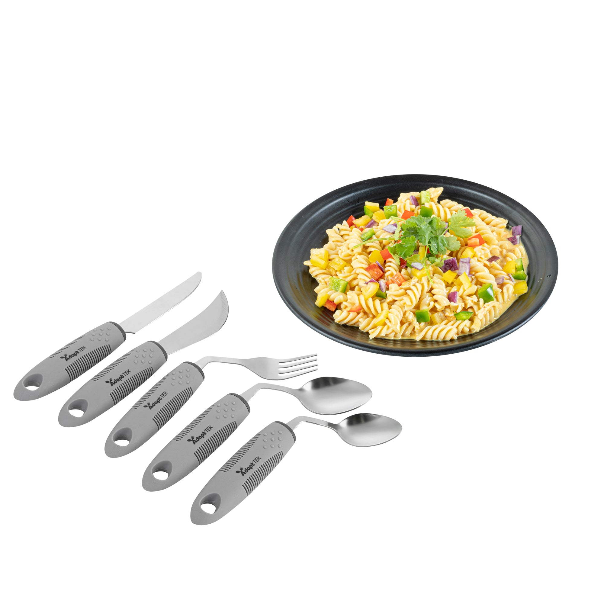 Adapt Tek Gray Stainless Steel 5-Piece Adaptive Offset Utensil Set for Left-Handed Users - Lightweight, Non-Slip Grip, Ergonomic Design - Perfect for Arthritis, Limited Mobility & Kitchen Accessibility (1 Count Box)
