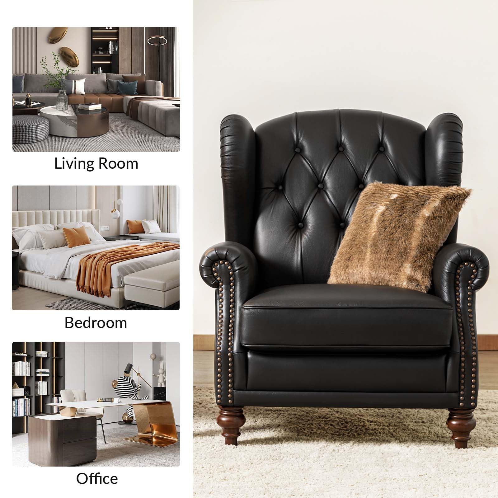 Genuine Leather Accent Chair - Button-Tufted Living Room Armchair with Removable Cushion & Nailhead Trim | Traditional Single Sofa Chair for Living Room, Bedroom, Office | Black Leather Lounge Chair for Home Decor & Relaxation