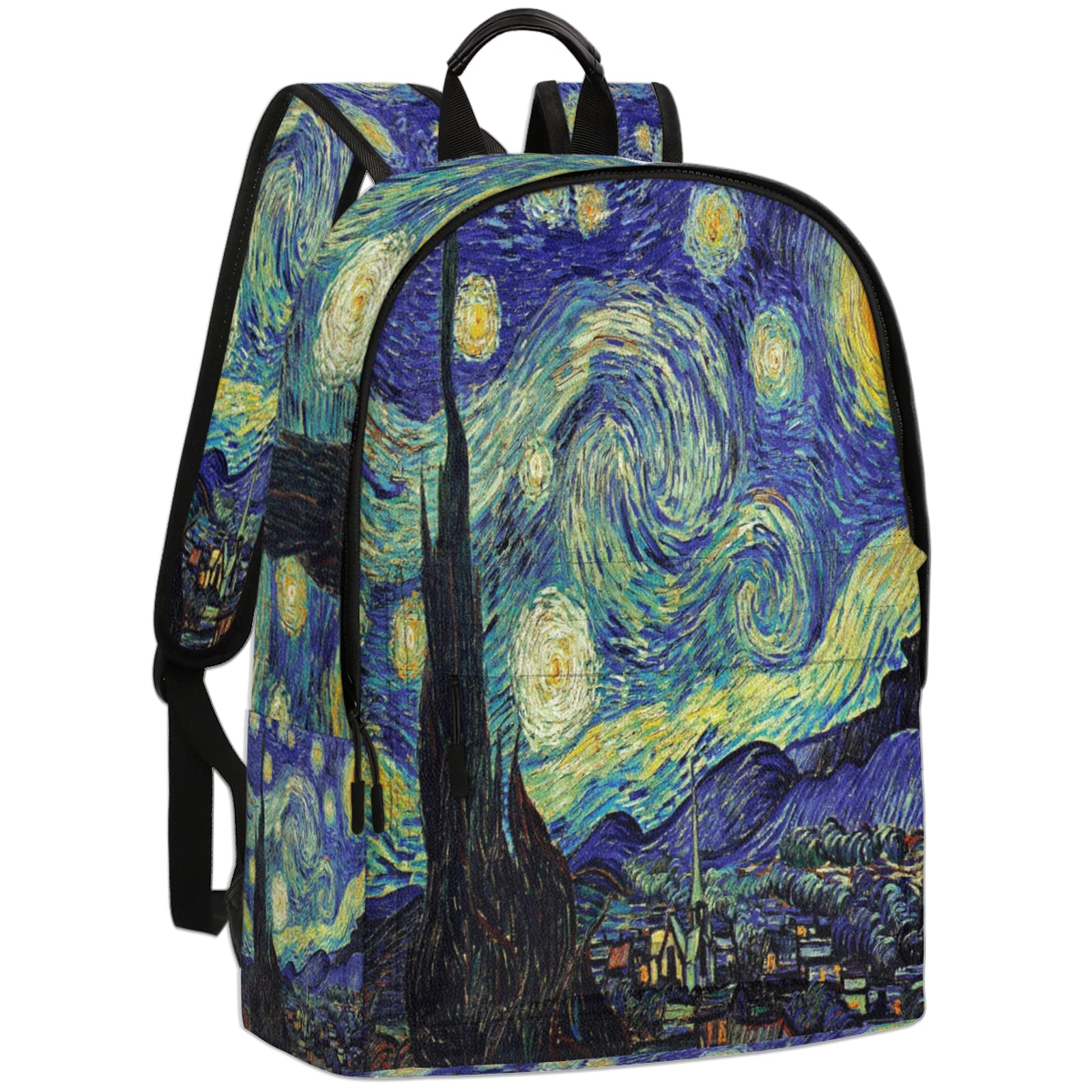 Starry Night Van Gogh Inspired Leather Backpack for Men & Women - 15.6 Inch Laptop Backpack, College Bookbag, Travel Hiking Rucksack - Perfect for School, Work & Outdoor Adventures | Water-Resistant & Durable Design