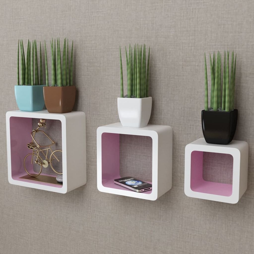 vidaXL 3-Tier White & Pink Wall Cube Shelves Set of 6 - Modern Book & DVD Storage Organizer, Floating Display Shelves for Home Decor - Perfect for Bedroom, Living Room, Bathroom, Kitchen & Office Organization