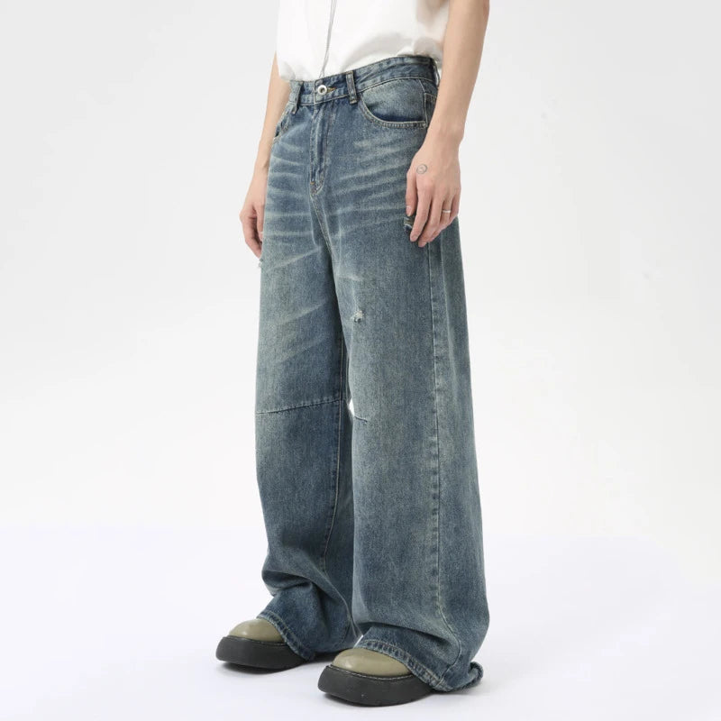 American Style Men's Denim Jeans - Washed Fashion Loose Fit Straight Leg Casual Wide Pants for Summer | Perfect for Everyday Wear, Street Style & Relaxed Outings | Model 9C6303
