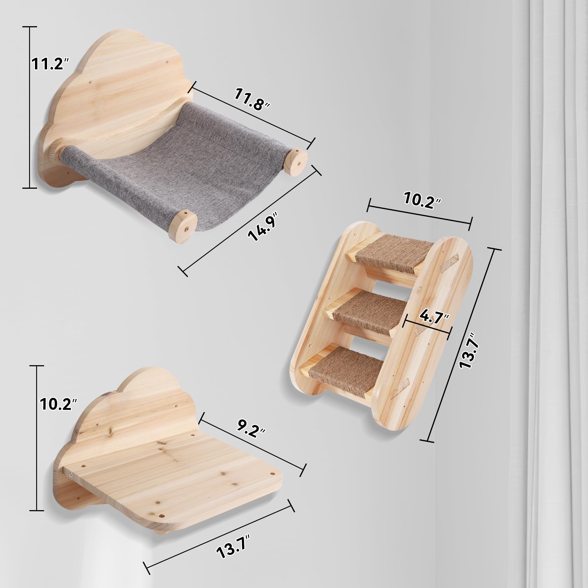 Wall Mounted Cat Furniture Set - 3PCS Solid Wood Shelves & Perches for Climbing & Lounging
