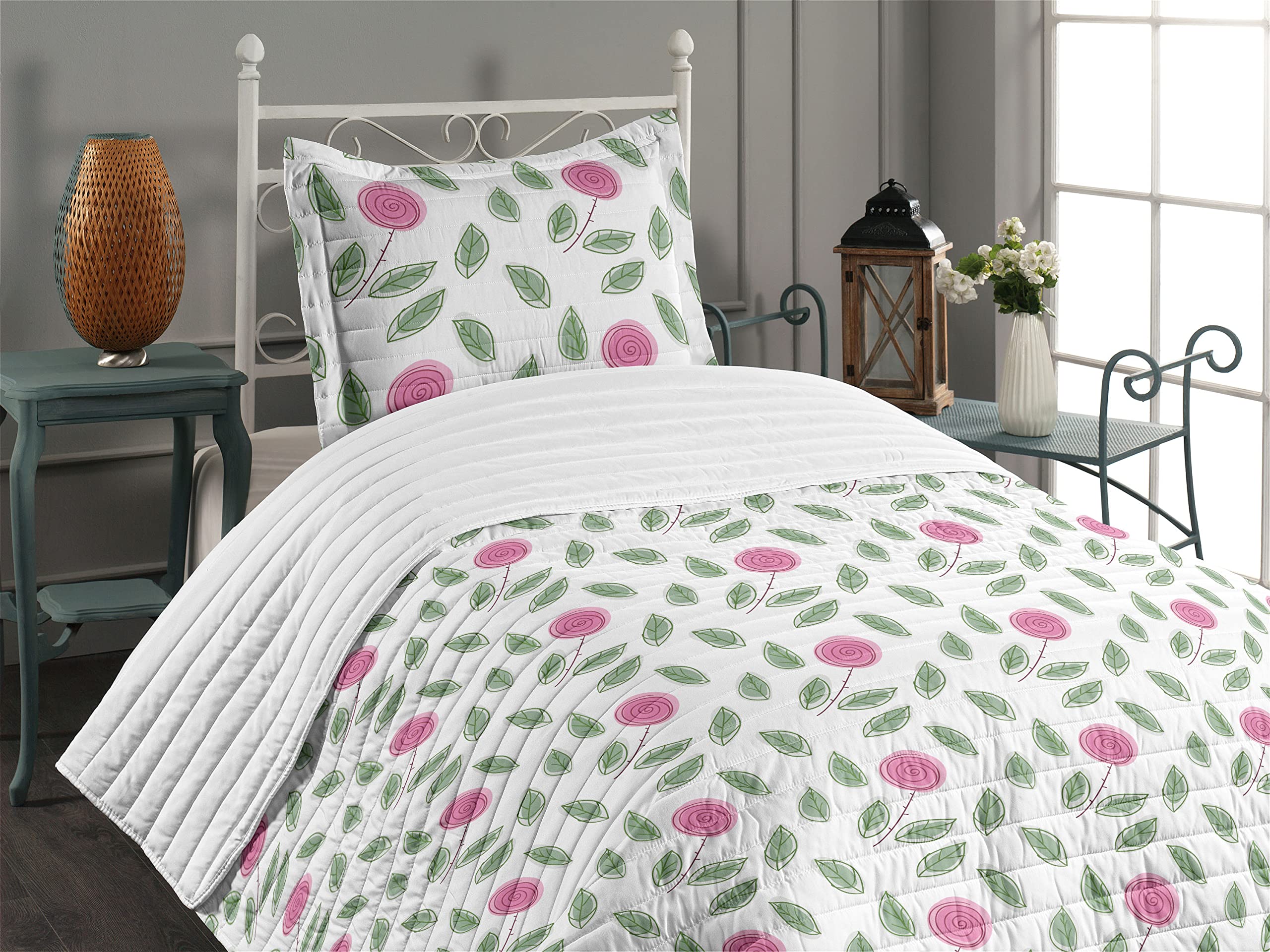 Ambesonne Rose Microfiber Bedspread Set - Modern Pink Rose Blossom with Spiral Design & Green Leaves - Soft Twin Size Bedding Set with Pillow Sham & Comforter in Pink, Reseda Green & White - Perfect for Bedroom Decor, Guest Room & Cozy Home Styling