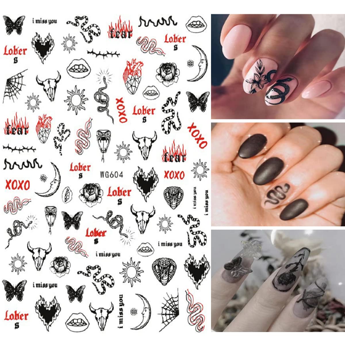 3D Self-Adhesive Snake & Skull Nail Art Stickers - 6 Sheets Dark Gothic Nail Decals for Acrylic Nails, Manicure Tips & Nail Art Designs (Perfect for Halloween, Gothic Parties & Dark Aesthetic Nail Art)