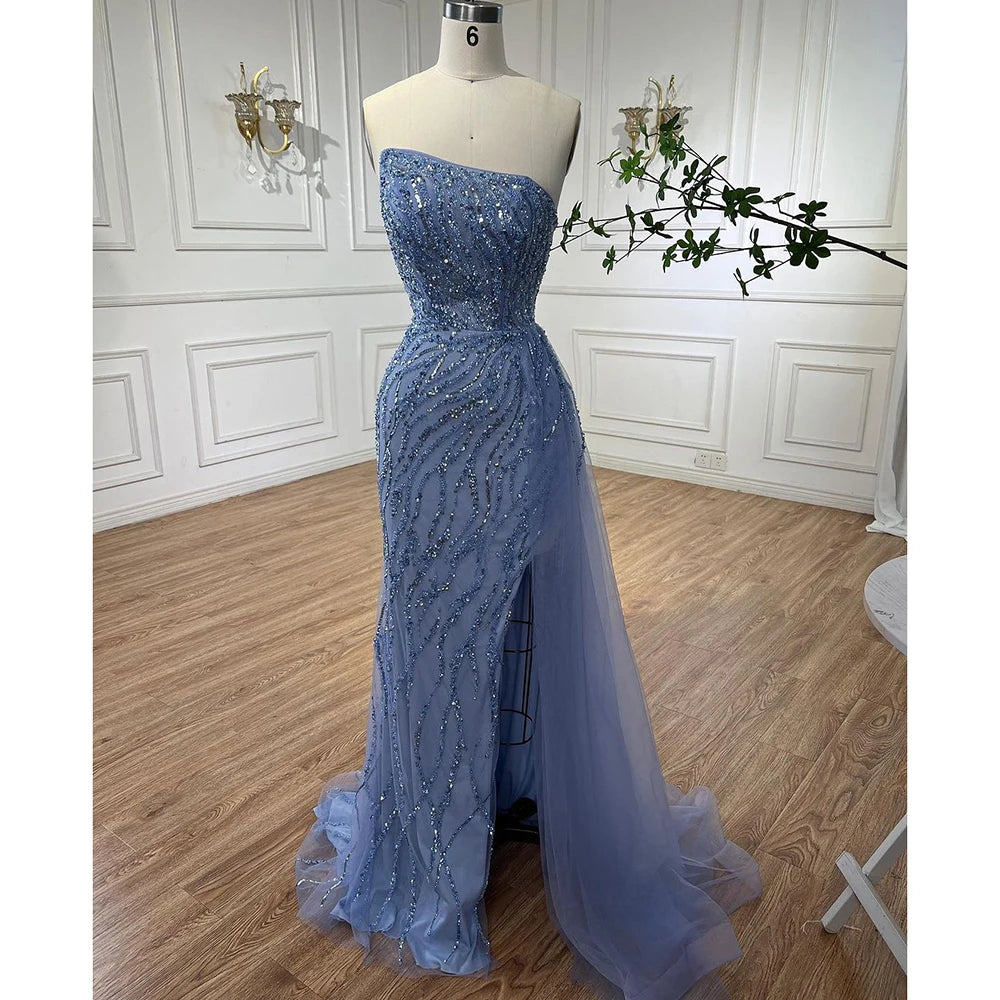 Elegant Blue Mermaid Evening Gown with High Split & Beaded Skirt - Women's Formal Party Dress for Prom, Wedding, Gala & Special Occasions