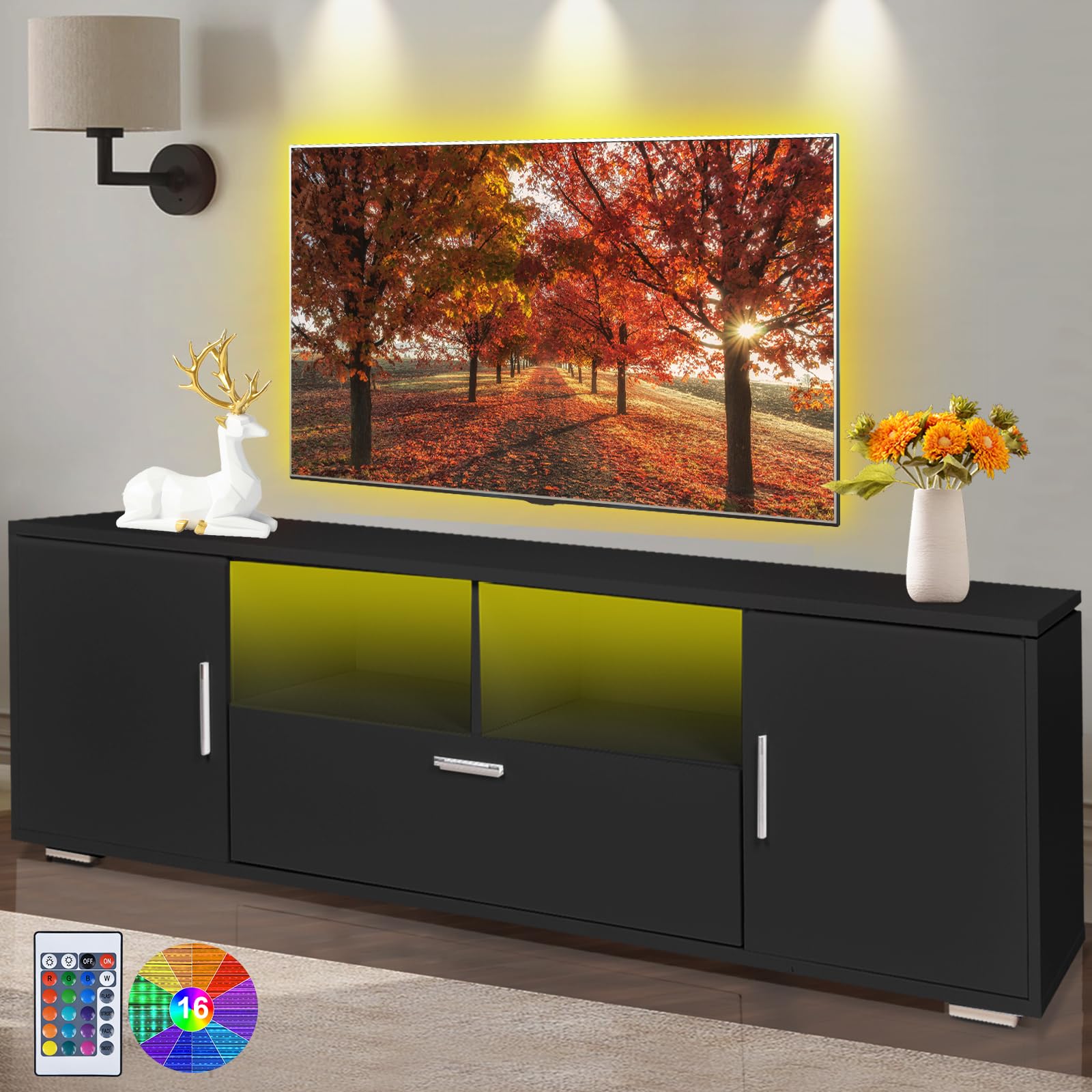 65 Inch LED TV Stand with Storage - Modern TV Console Table Entertainment Center for Living Room, Bedroom & Office - Black Gaming TV Cabinet with 5 Shelves & 3 Drawers - Perfect for Home Theater & Apartment Furniture
