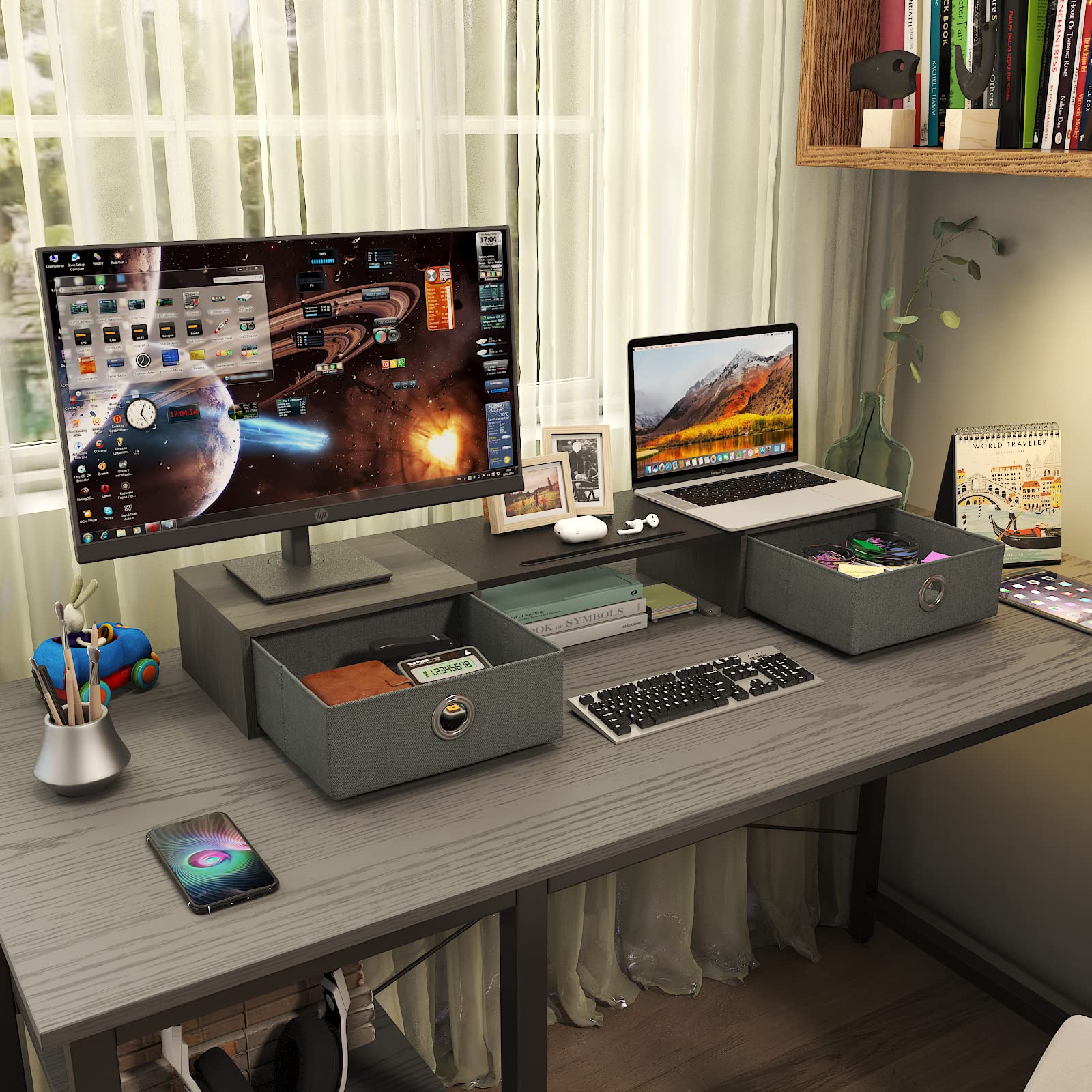 WESTREE Dual Monitor Stand Riser with 2 Drawers - Extra Large Storage for 2 Monitors, Desktop Organizer for Computer, Laptop, Screen, Printer & TV - Perfect for Home Office, Gaming Setup & Workspace Organization