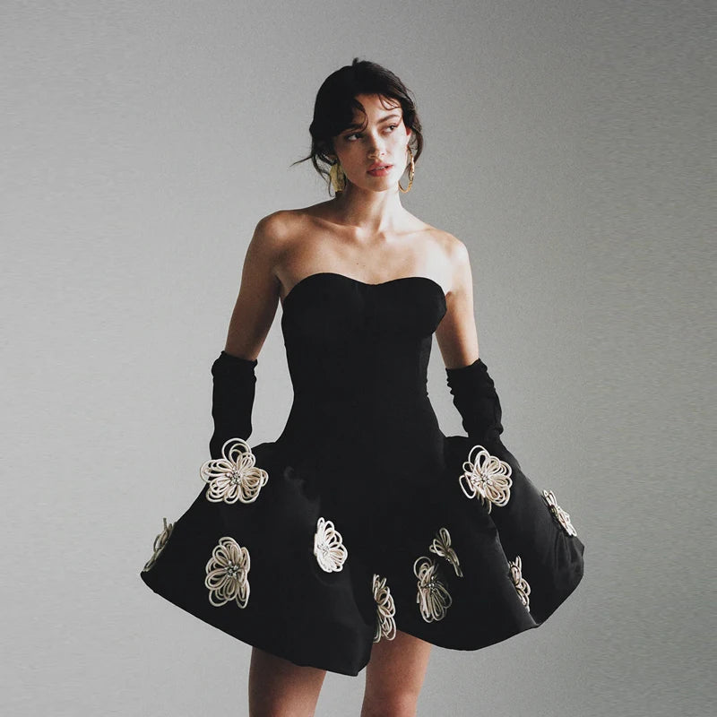 Sexy Black Strapless Floral Bandage Mini Dress for Women - Elegant Ball Gown for Birthday Parties, Evening Events & Celebrations | Perfect for Night Out, Club Wear & Special Occasions
