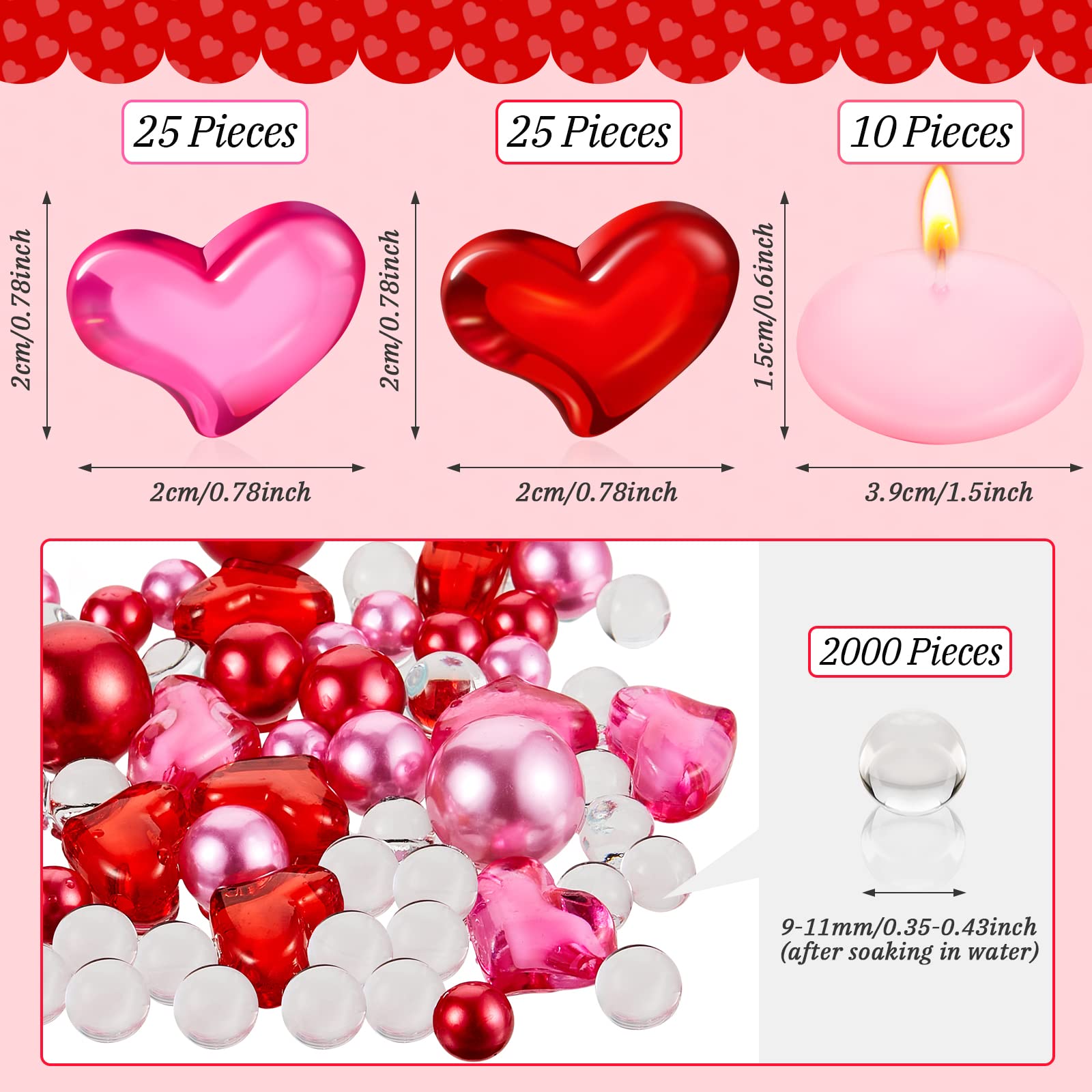 MTLEE 2116 Red Love Pearls Vase Fillers with 10 Floating Candles for Romantic Table Decor
