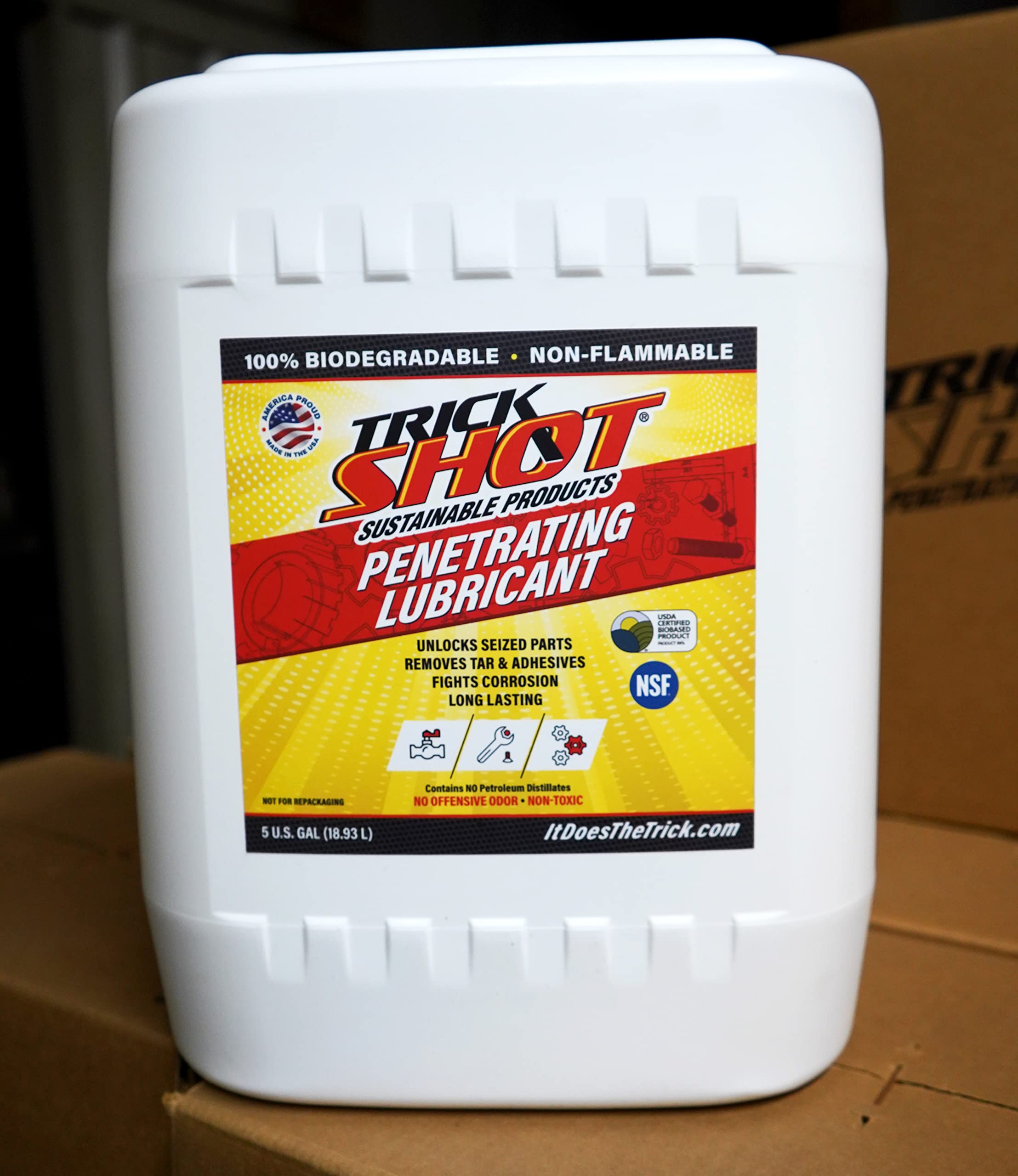Trick Shot - 3 in 1 Penetrating Lubricant Oil - Non-Toxic, Non-Flammable & Eco-Friendly Food Grade Industrial Oil Spray - Biodegradable Anti-Seize Lubricant for Rust Protection, Degreasing & Cleaning - 5 Gallons - Perfect for Automotive, Marine, Industrial & Household Maintenance