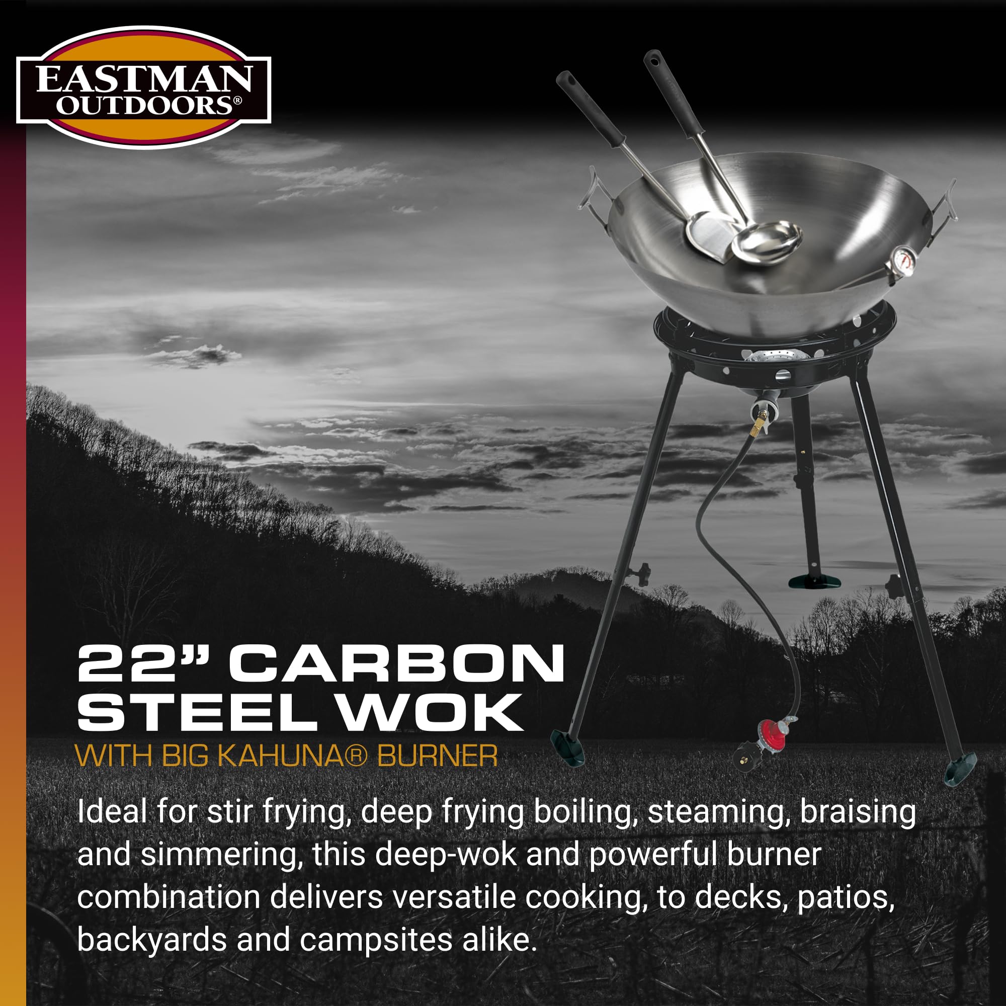 Eastman Outdoors 37212 22-Inch Carbon Steel Wok Kit - Black & Steel - Professional Outdoor Cooking Wok for Stir Fry, Deep Frying & Camping Meals