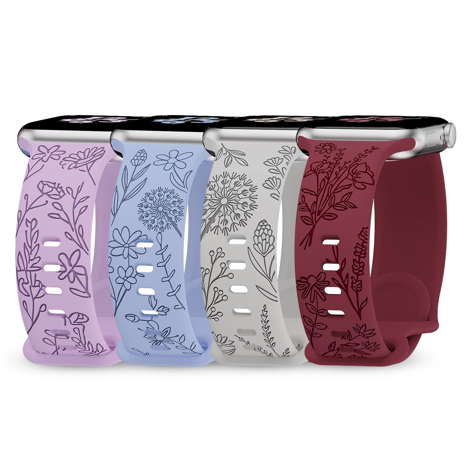 Floral Engraved Apple Watch Bands 4 Pack - Compatible with 38mm/40mm/41mm/42mm/44mm/45mm/49mm - Stylish Women's Accessory for Workouts, Office & Everyday Wear