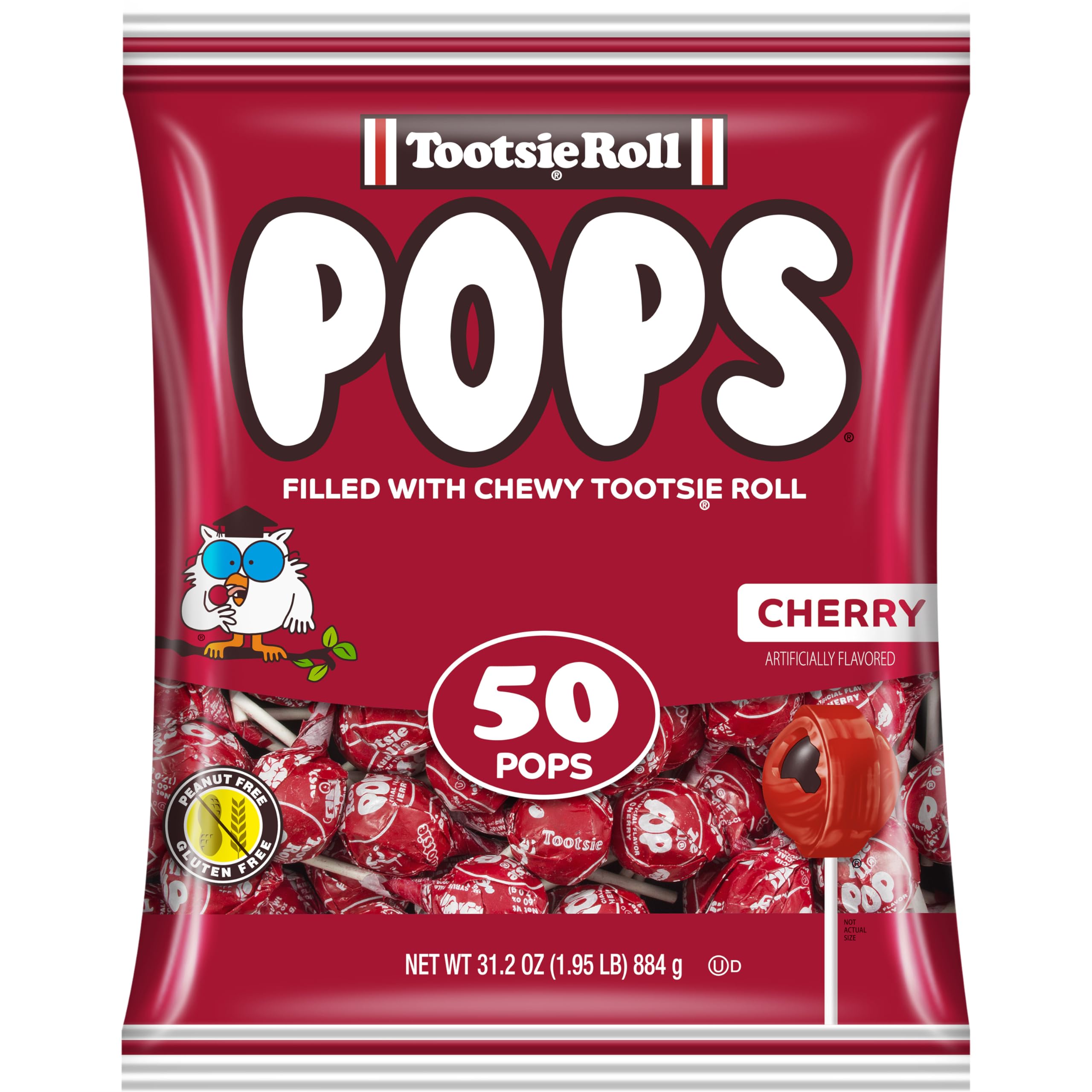Tootsie Pops Cherry Lollipops with Chocolate Center - 50 Count Individually Wrapped Hard Candy - Peanut Free, Gluten Free Red Candy - Perfect for Halloween Treats, Party Favors & Office Snacks