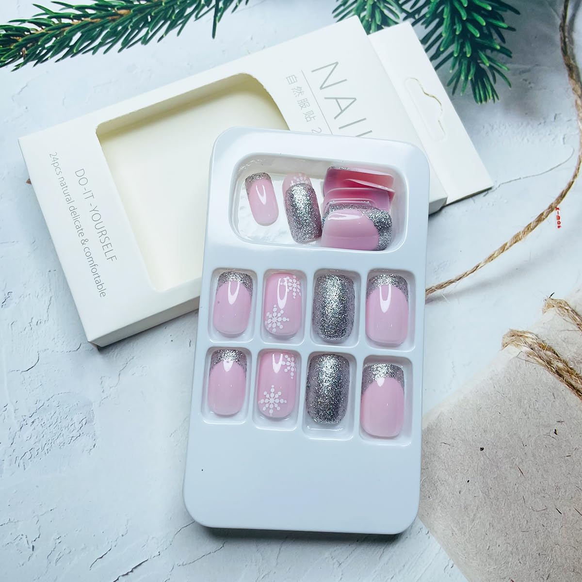 24Pcs Christmas Press-on Nails Short Square Snowflake Fake Nails with Glitter French Tips - Full Cover Acrylic Stick on Nails Winter Snowflake Design for Women & Girls - Perfect for Holiday Parties, Gift Giving & Festive Nail Art