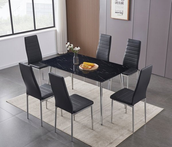 7-Piece Black Marble Glass Dining Table Set with Horizontally Stitched Chairs - Modern Kitchen & Dining Room Furniture for Family Gatherings & Dinner Parties