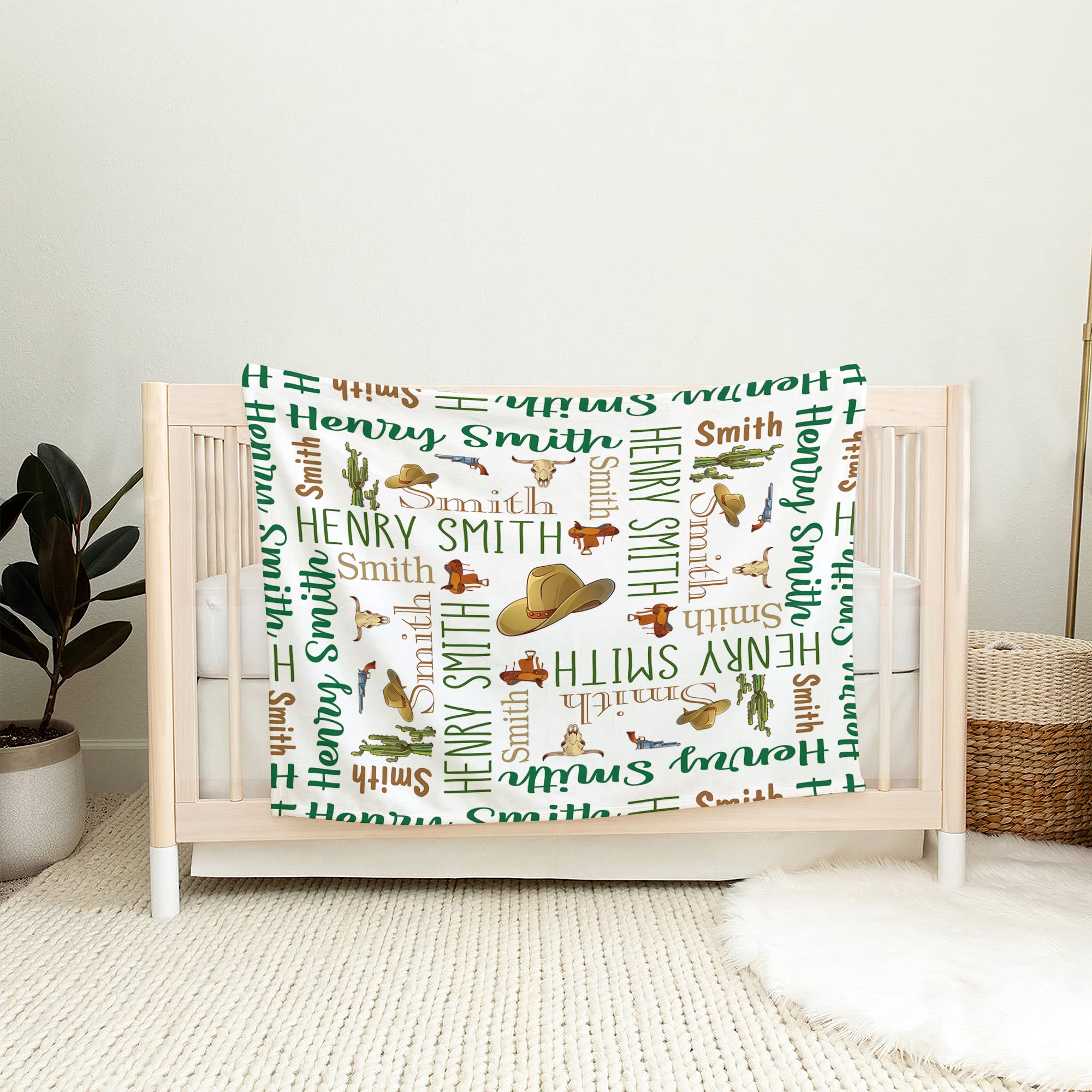 Personalized Cowboy Western Green Monogram Baby Blanket with Name - Western Nursery Theme Crib Blanket, Swaddle & Horse Design for Newborn Boys - Perfect for Cowboy-Themed Nurseries, Baby Showers & Western Gift Ideas