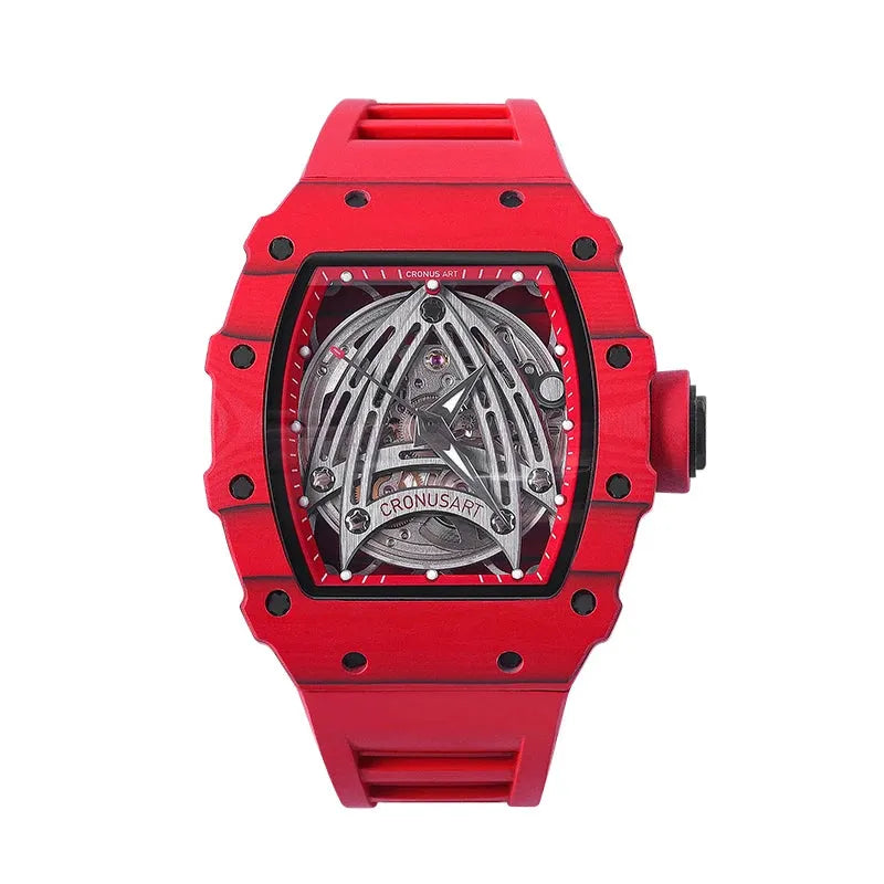 CRONUSART Men's Automatic Skeleton Watch - 50mm Tonneau Carbon Fiber Case, Luminous Dial, Fluororubber Strap - Mechanical Wristwatch for Business, Casual & Outdoor Activities