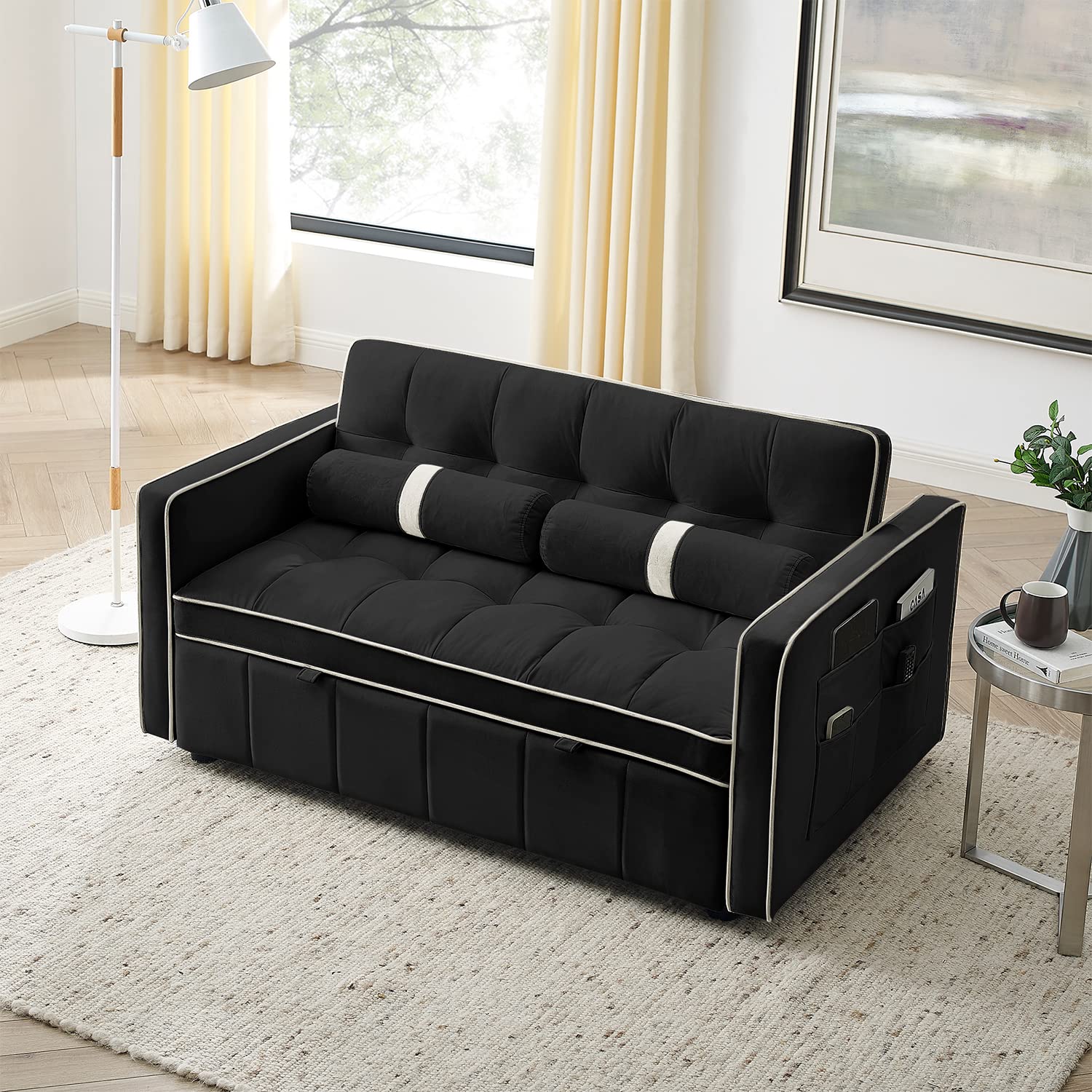 3 in 1 Sleeper Sofa Bed - Convertible Tufted Velvet Loveseat with Pullout Bed & Adjustable Backrest, Small Futon Couch with Cylinder Pillows for Living Room, Apartment, Dorm (Black, 55.5