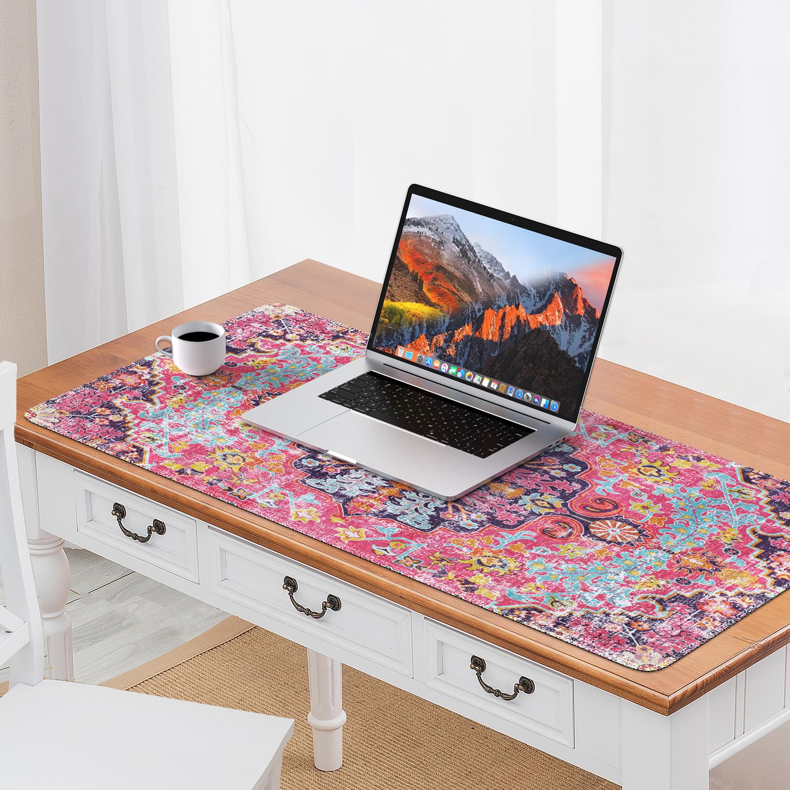 iLeadon Large Boho Desk Mouse Pad Mat - Smooth Lycra Surface, Non-Slip Rubber Base, Stitched Edges - Perfect for Office & Home Workspace (Boho Floral Design) | Computer Desk Cover, Keyboard Mat for Comfortable Typing & Mouse Movement