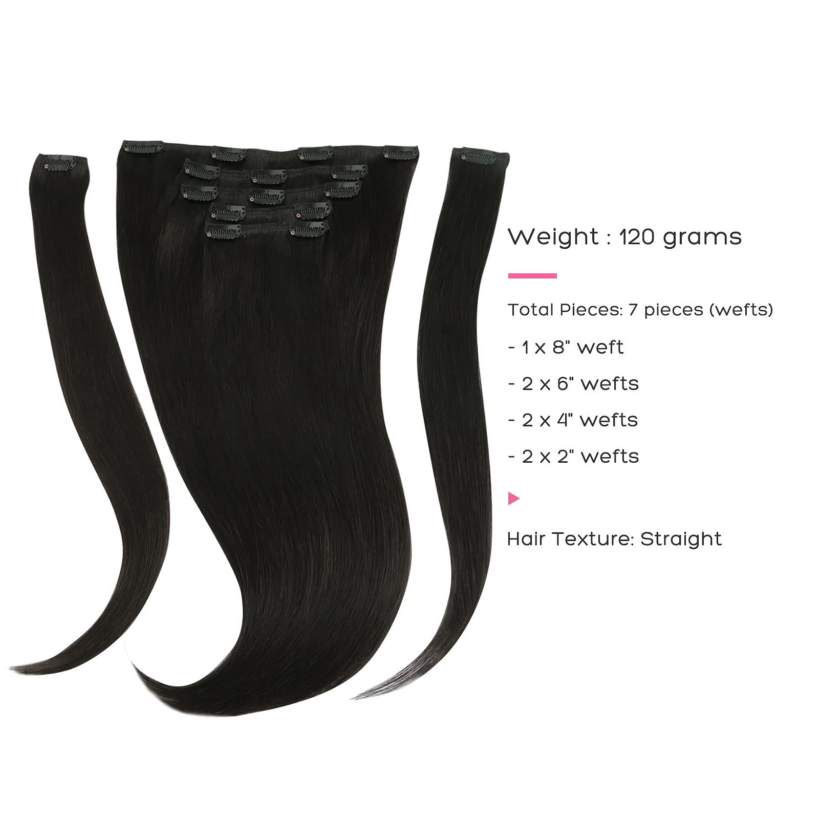Marat Clip in Human Hair Extensions 24 Inch 120g - Natural Black Straight Removable Hair Extensions for Women - Perfect for Daily Wear, Parties & Special Occasions