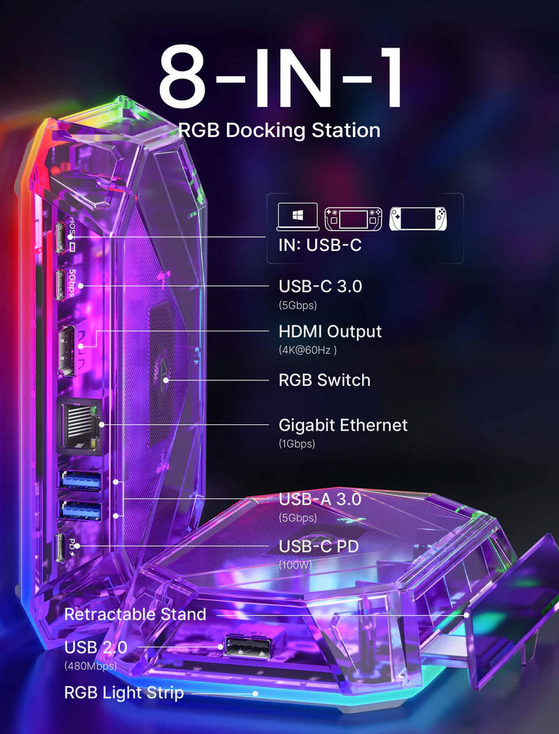 JSAUX 8-Port USB Hub with RGB Lighting - Portable USB 3.0 Docking Station for Laptop, PC, MacBook (Clear Purple) | Perfect for Gaming Setup, Home Office & Multi-Device Charging