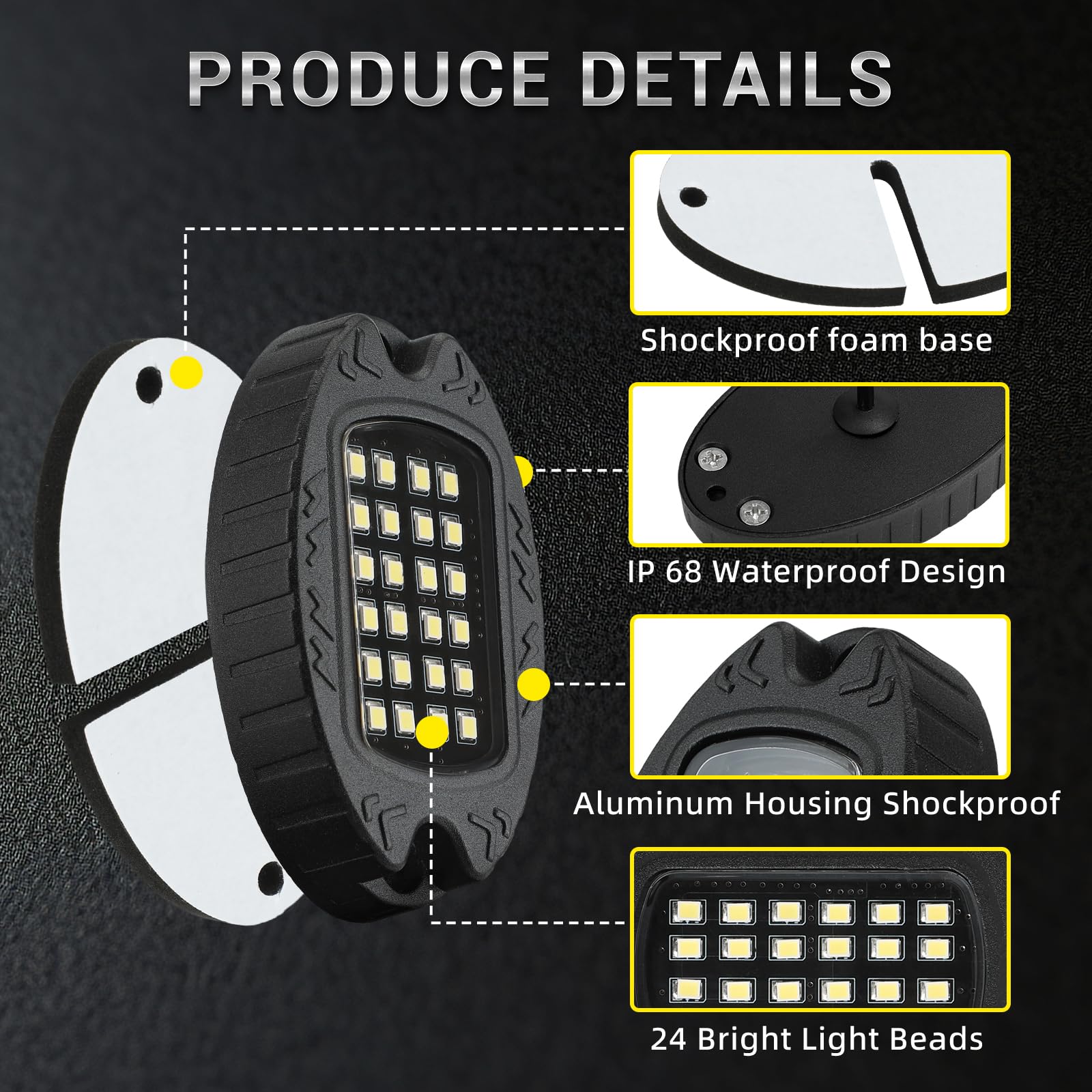 16 Pods Alloy Pure White LED Rock Lights Kit - IP68 Waterproof & Shockproof, 6500K Super Bright for Semi Trucks, Sedans, Trailers, Offroad Pickups - Underglow Neon Lighting with Extension Wires - Perfect for Night Driving, Car Shows & Off-Road Adventures
