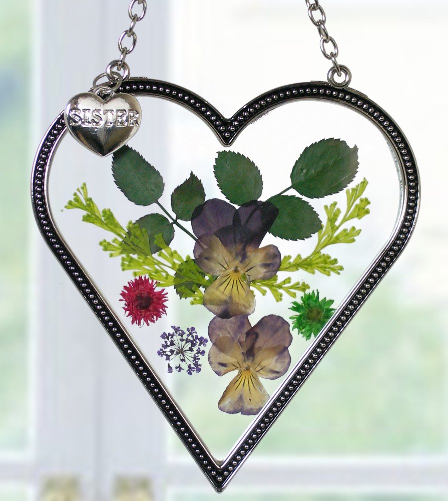 Sister Suncatcher Gift - Heart Glass with Pressed Flowers - 4 Inch - Perfect for Sister's Birthday & Home Decor
