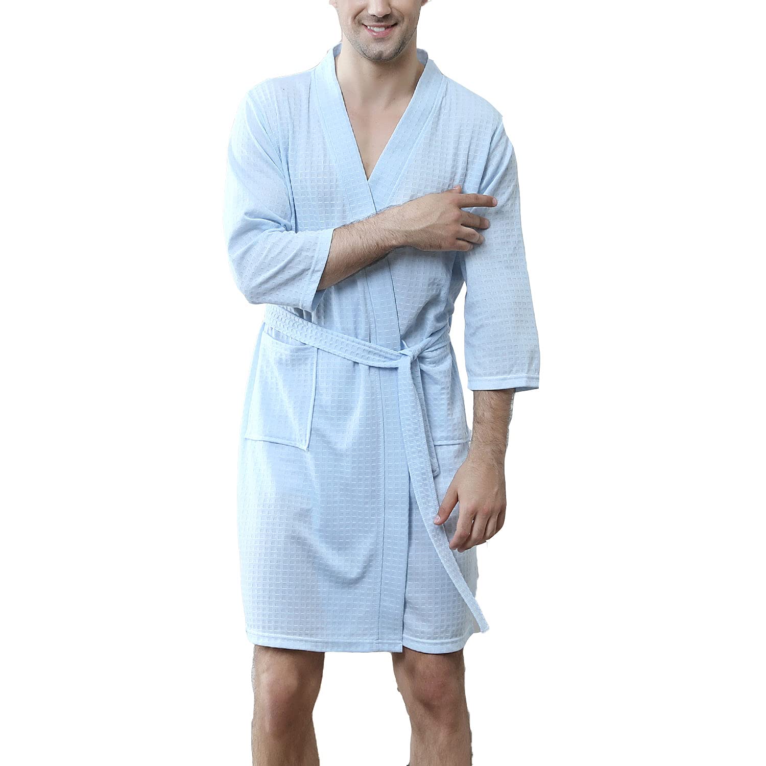 Lu's Chic Men's Waffle Kimono Robe - Lightweight Spa Bathrobe with Pockets, Turkish Cotton Hotel Nightgown | Perfect for Home Relaxation, Spa Days & Luxury Hotel Experience