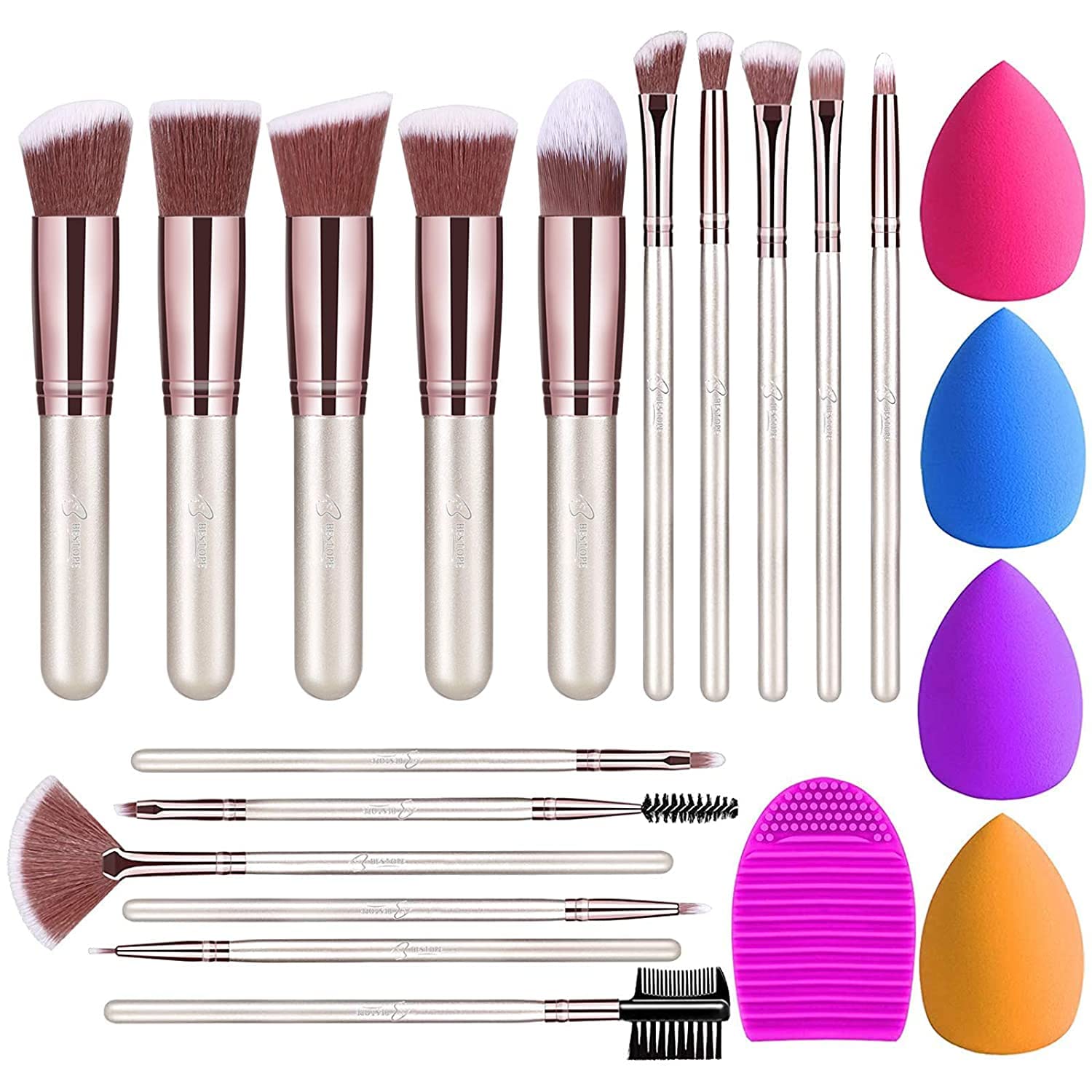 16Pcs Makeup Brushes Set with 4 Beauty Blenders & Brush Cleaner - Premium Synthetic Foundation, Blending, Powder & Eyeshadow Brushes Kit (Champagne Gold) for Professional Makeup Application & Daily Beauty Routine