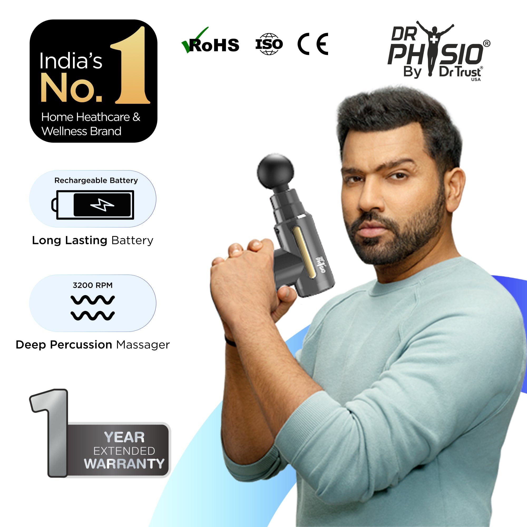 Dr Physio USA Vibe Graphite Gun Massager 1038 - Deep Tissue Percussive Massage for Muscle Pain Relief, Portable & Rechargeable with 4 Attachments & 6 Speeds - Ideal for Athletes, Gym Recovery & Home Use (Grey)
