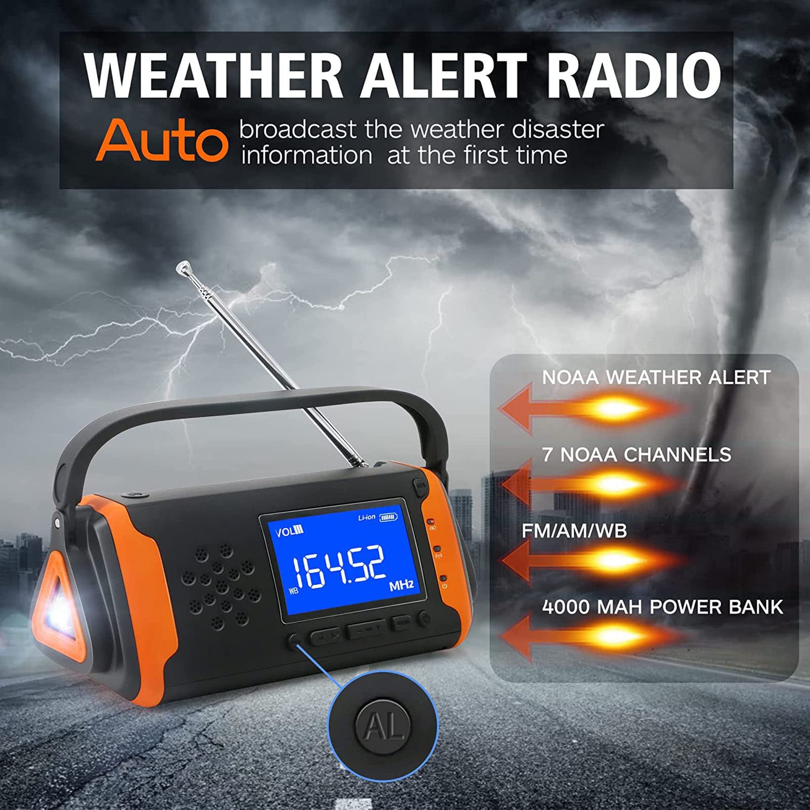 4000mAh Emergency Weather Radio with Hand Crank & Solar Power - Portable AM/FM/NOAA Radio, Phone Charger, LED Flashlight & SOS Alarm for Outdoor Camping, Hiking & Survival Kits
