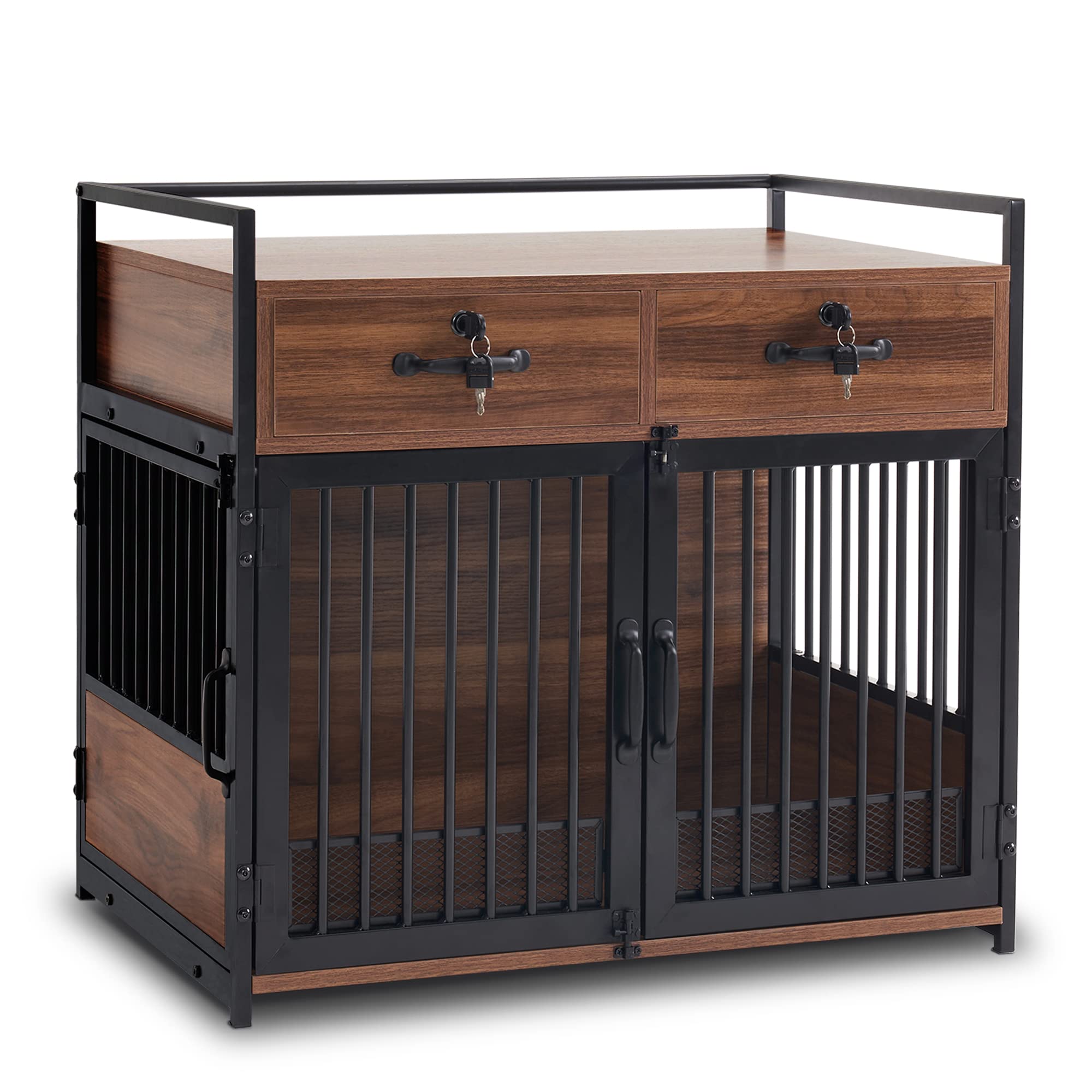 MCombo Wooden Dog Crate End Table with Double Doors & Storage Drawers - Furniture Style Pet Kennel for Living Room, Bedroom - Brown (Model 0649) - Perfect for Small to Medium Dogs, Home Décor & Pet Safety