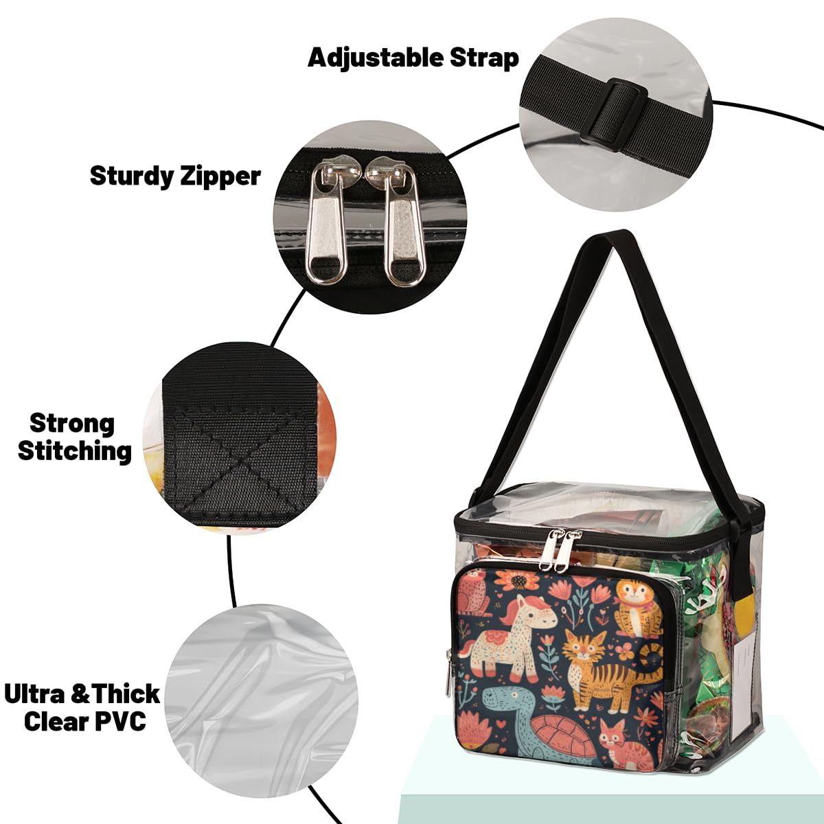 GzLeyigou Clear Tote Bag with Handles - Turtle & Cat Design Transparent Crossbody Shoulder Bag for Lunch, Outdoor, Travel, Picnic, Concerts & Sports Events | Stadium Approved | Perfect for Beach, Shopping & School Use