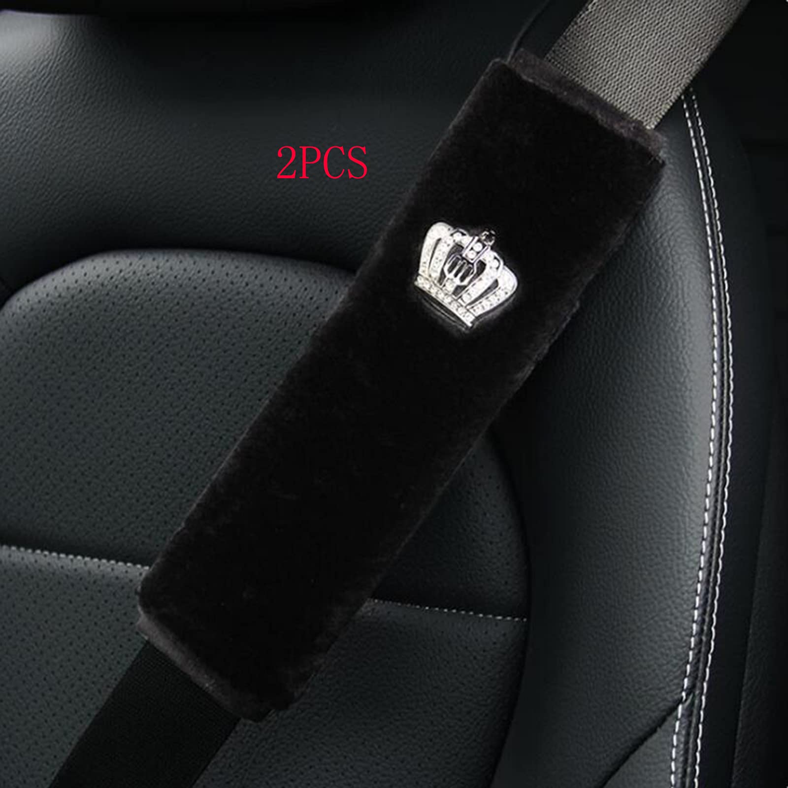 HYL World 2PCS Universal Soft Plush Seat Belt Shoulder Pads with Bling Crown - Comfortable Car Seat Belt Covers for Women (Black) - Perfect for Long Drives & Road Trips