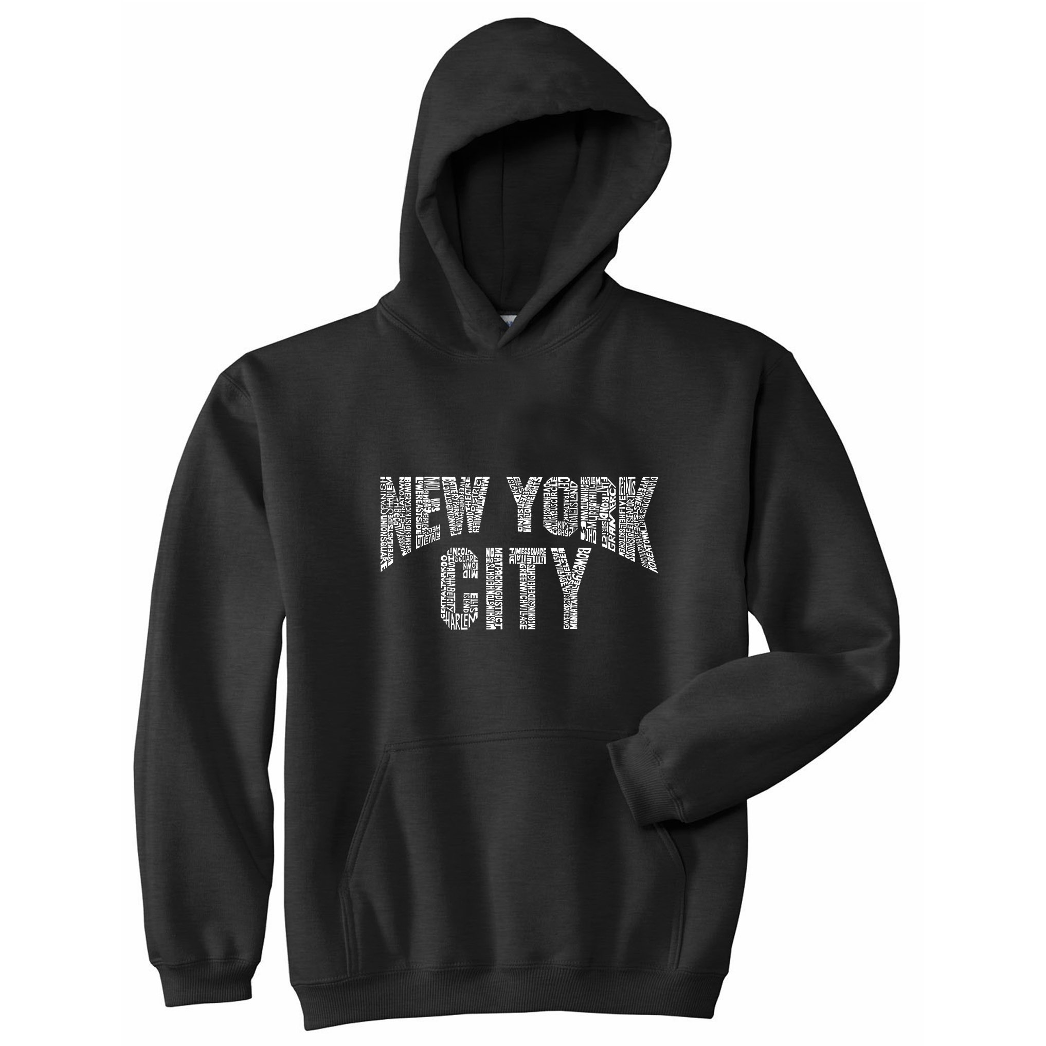 LA POP ART Men's Word Art Hooded Sweatshirt - NYC Neighborhoods Graphic Pullover | Trendy Streetwear for Urban Fashion | Perfect for Casual Outings & City Exploration