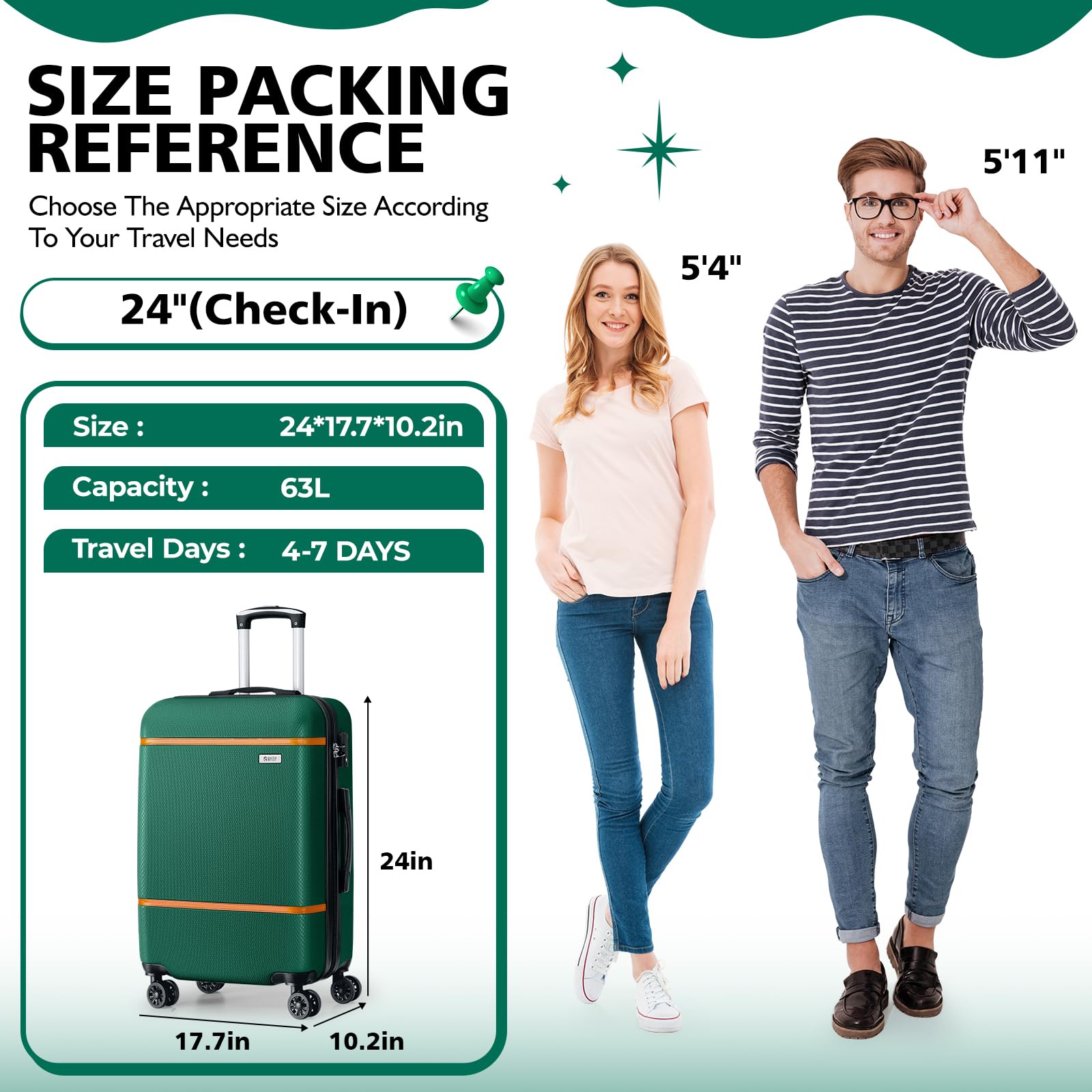 AnyZip ABS+PC Lightweight Hardside Spinner Wheel Luggage - 24-Inch Medium Checked Suitcase with TSA Lock, Dark Green - Perfect for Business Travel & Family Vacations