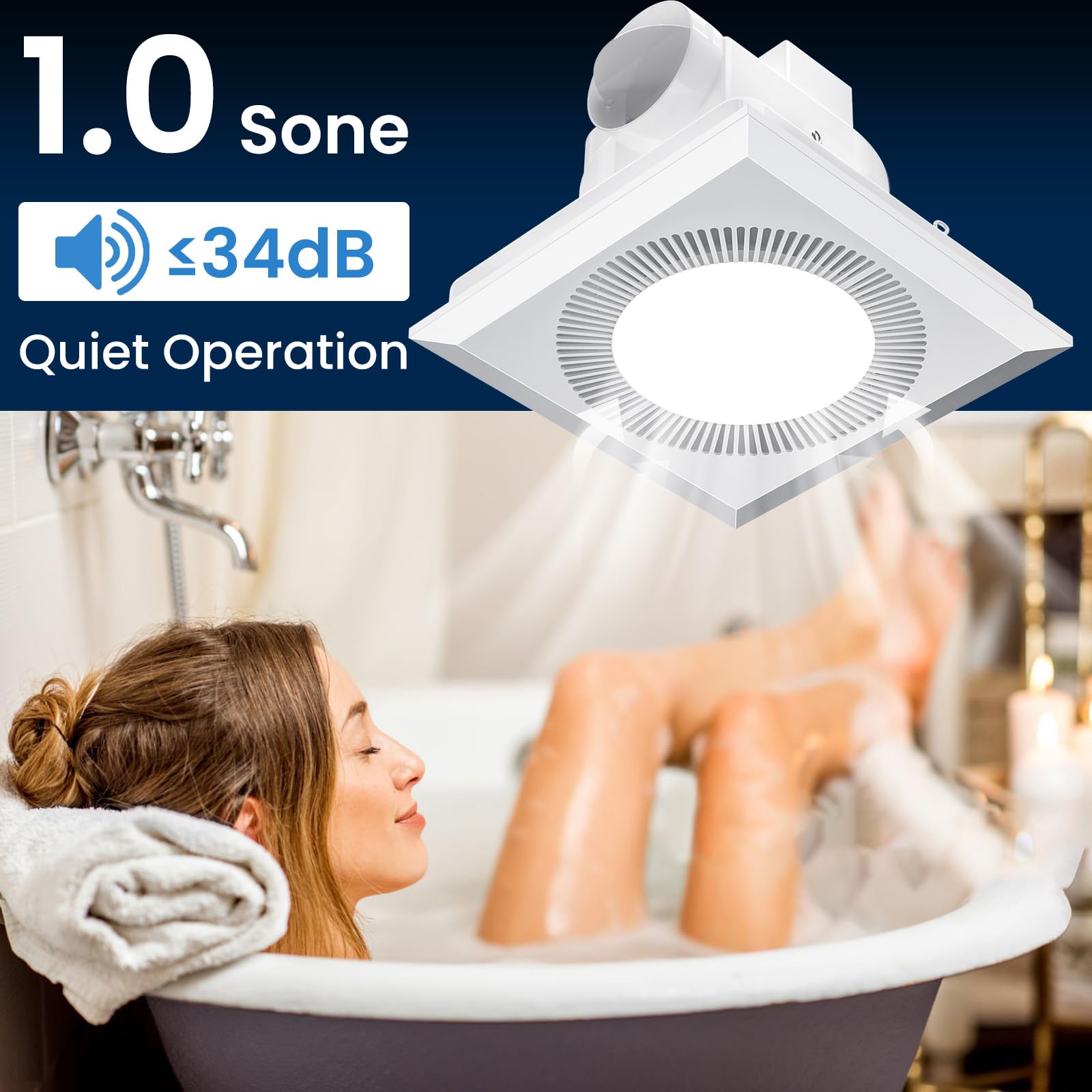 Hon&Guan Quiet Square Bathroom Exhaust Fan with Adjustable LED Light (3000K/4500K/6500K) - 110 CFM, 1.0 Sones - Energy Efficient Ventilation Fan for Home, Hotel & Commercial Bathrooms - Perfect for Moisture Control & Air Circulation