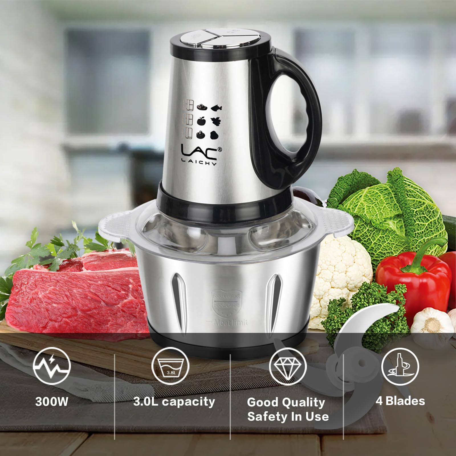 12-Cup 300W Electric Food Processor with Stainless Steel Bowl - 3-Speed Meat Grinder & Vegetable Chopper with Handle (Includes 4 Spatulas) - Perfect for Making Baby Food, Chopping Vegetables, Grinding Meat & Processing Fruits - Ideal for Home Kitchens & Meal Prep