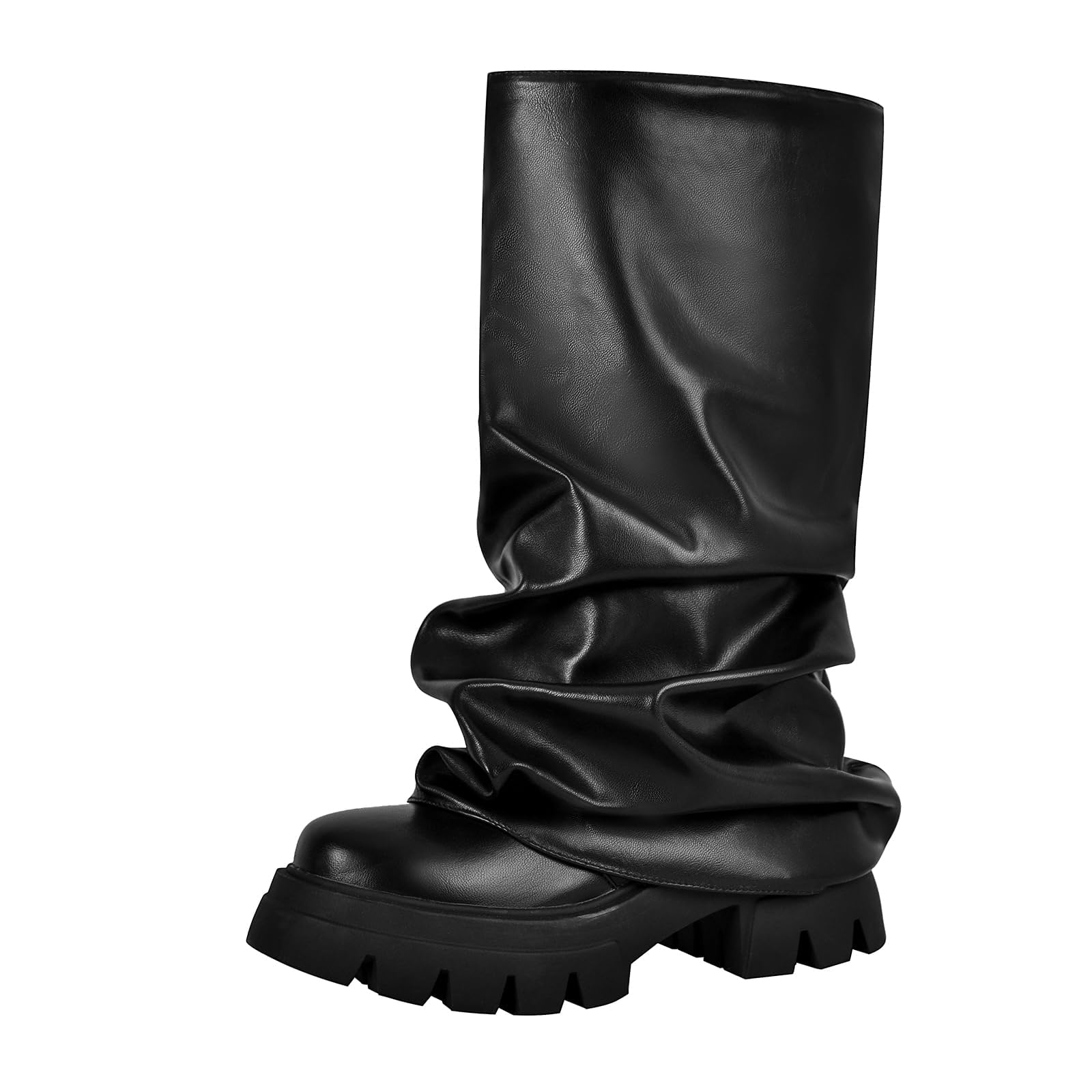 SaraIris Women's Platform Heeled Boots - Punk Style Metallic Black Fold Over Slouchy Mid Calf Boots for Women | Perfect for Casual Outfits, Night Out & Streetwear Fashion