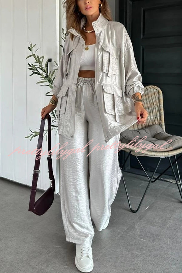 Easy on Me Metallic Fabric Elastic Waist Pocketed Wide Leg Pants for Women - Comfortable Stretchy Lounge Pants for Yoga, Travel & Casual Wear