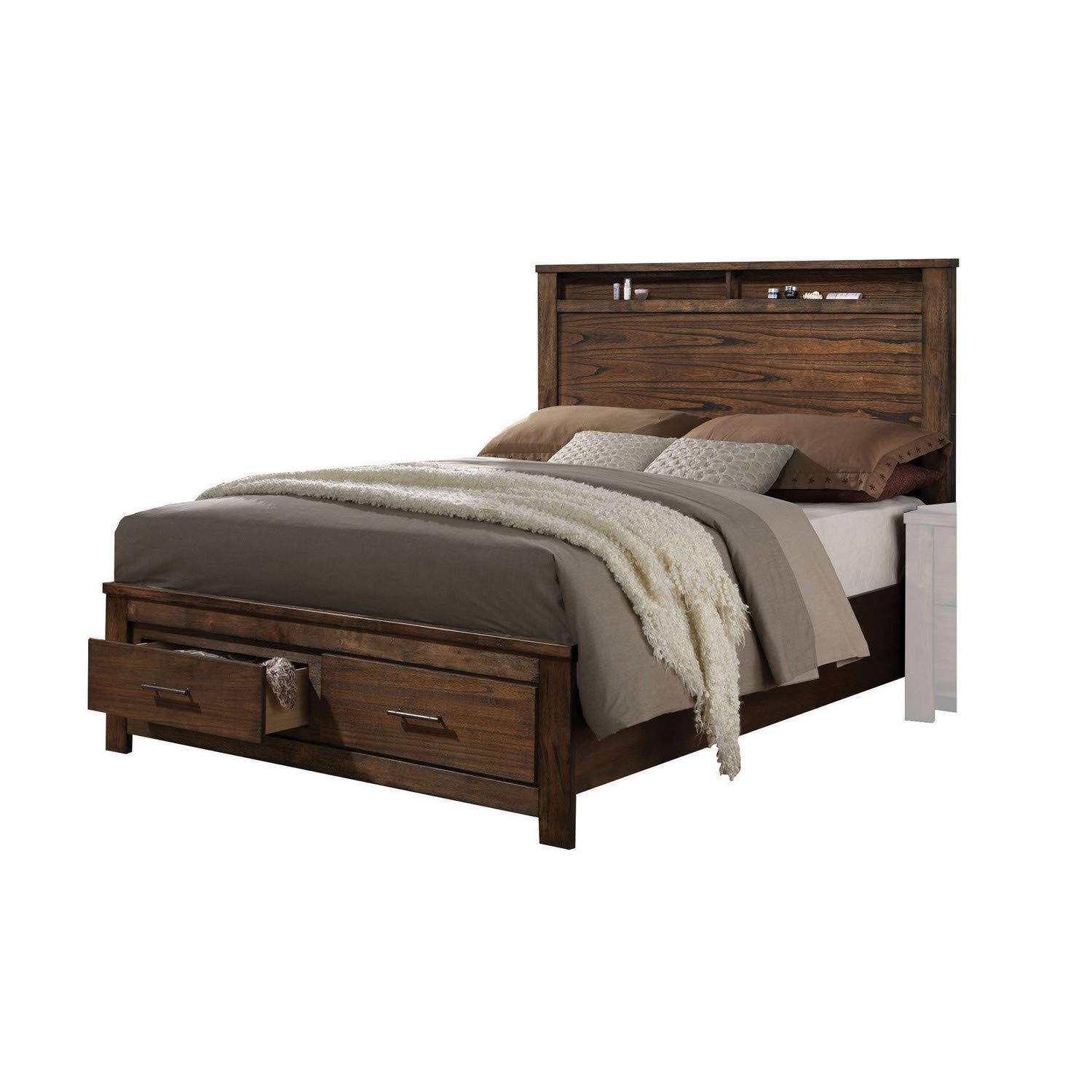 Benjara Solid Wood King Size Bed Frame with Open Shelves & Storage Drawers, Brown - Perfect for Master Bedroom, Guest Room, or Modern Farmhouse Decor