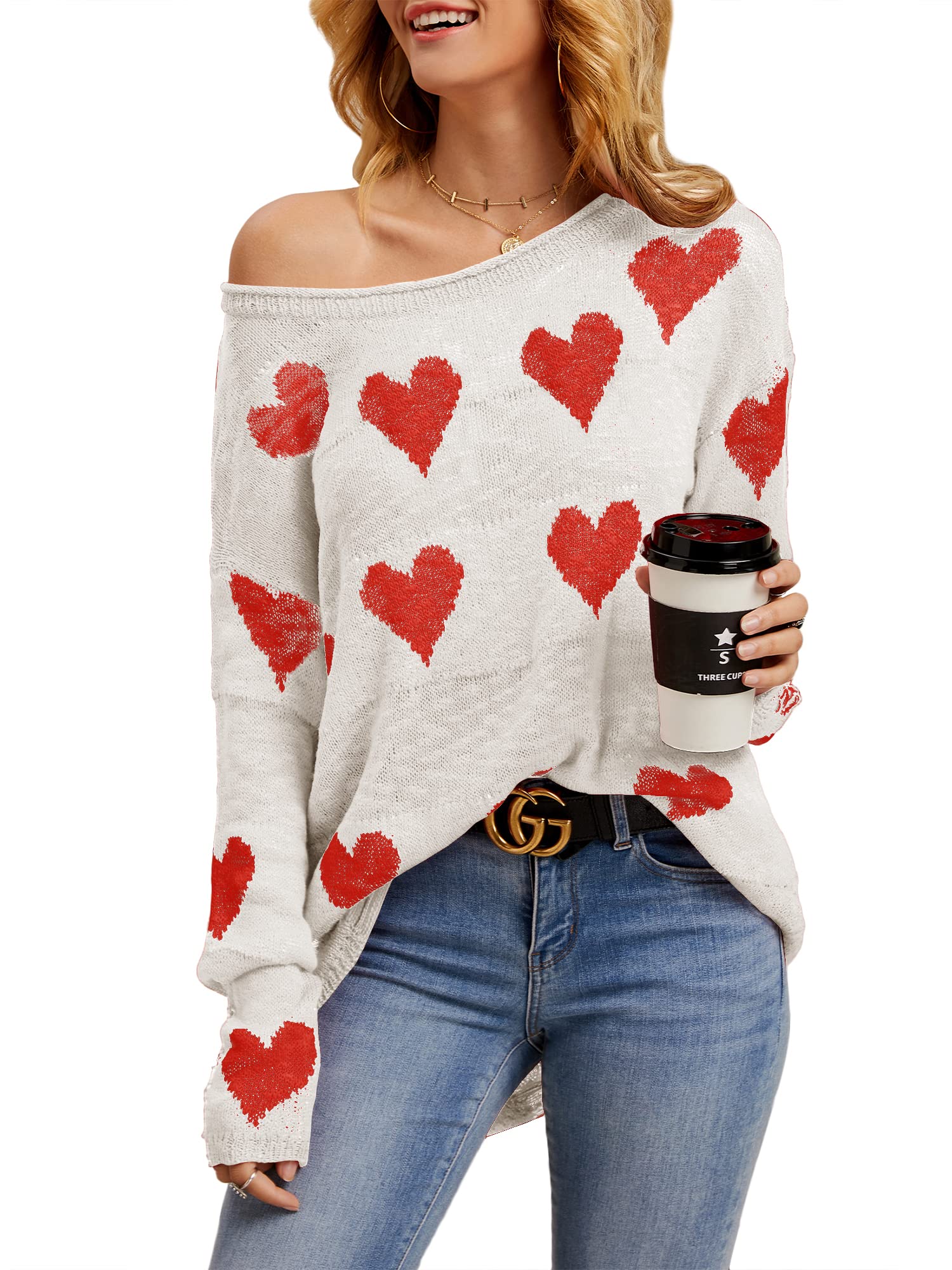 Tutorutor Women's Cute Heart Print Sweater - Oversized Off Shoulder Loose Knit Valentine Pullover Blouse Top for Casual Wear & Date Nights
