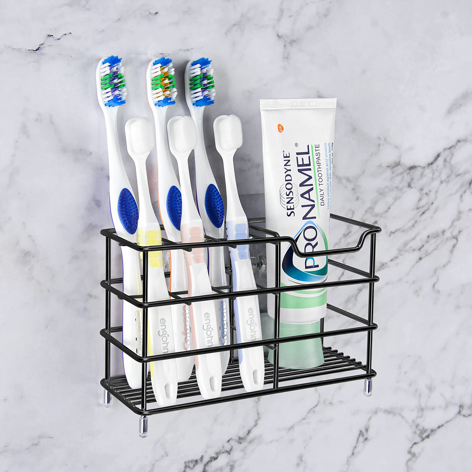 Stainless Steel Toothbrush Holder for Shower - 7 Slot Wall Mount or Countertop Organizer - Compatible with Colgate Extra Clean & Oral-B CrossAction Brushes - Bathroom Storage Solution for Family or Travel Use