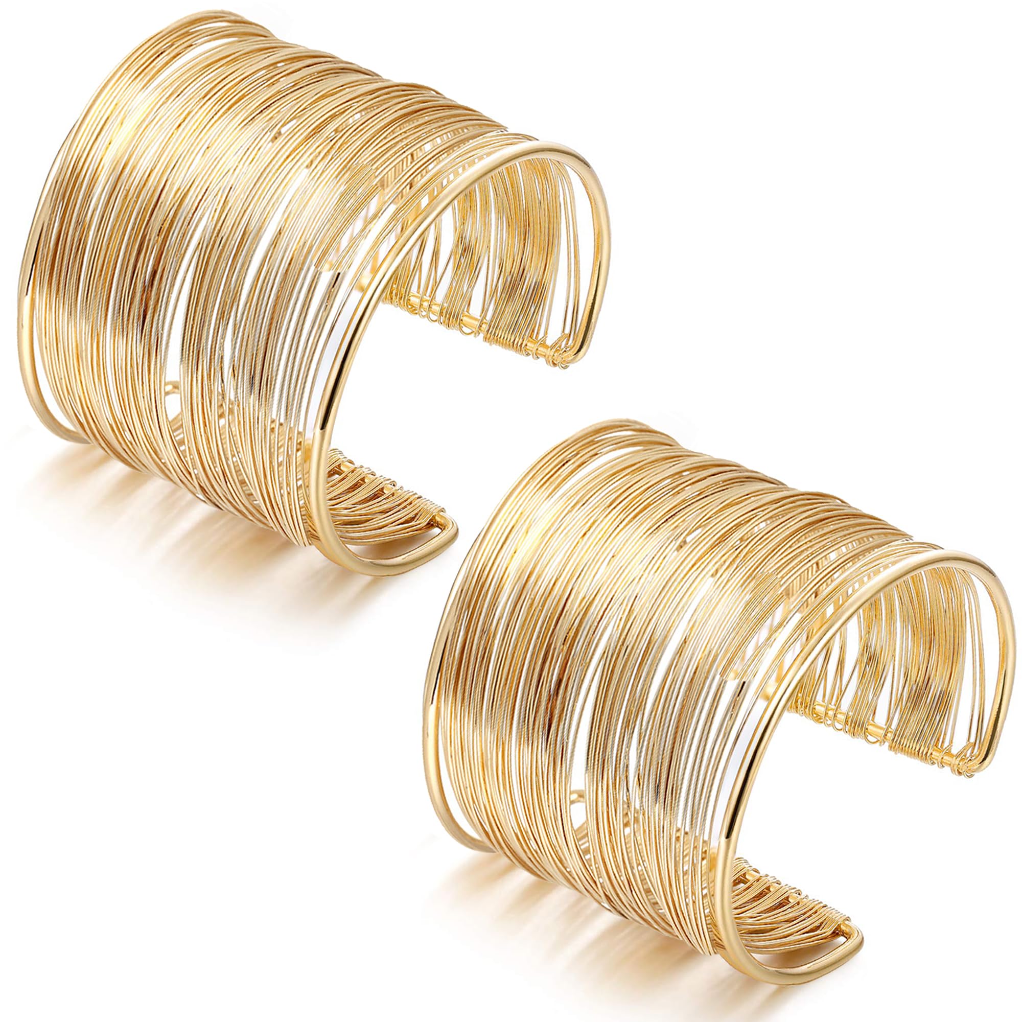 RIOSO 2 Pack Adjustable Gold Wire Cuff Bangle Bracelets for Women - Open Wide Wrap Wrist Cuff Bracelet Set for Party, Wedding & Everyday Fashion Accessories