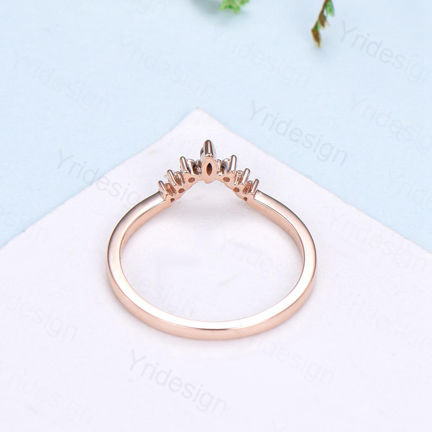 14K Rose Gold Curved Wedding Band for Women - Lab Grown Diamond & Black Spinel Art Deco Stacking Ring - Custom Matching Anniversary Jewelry Gift for Brides, Wives, and Couples - Perfect for Weddings, Engagements, and Special Occasions