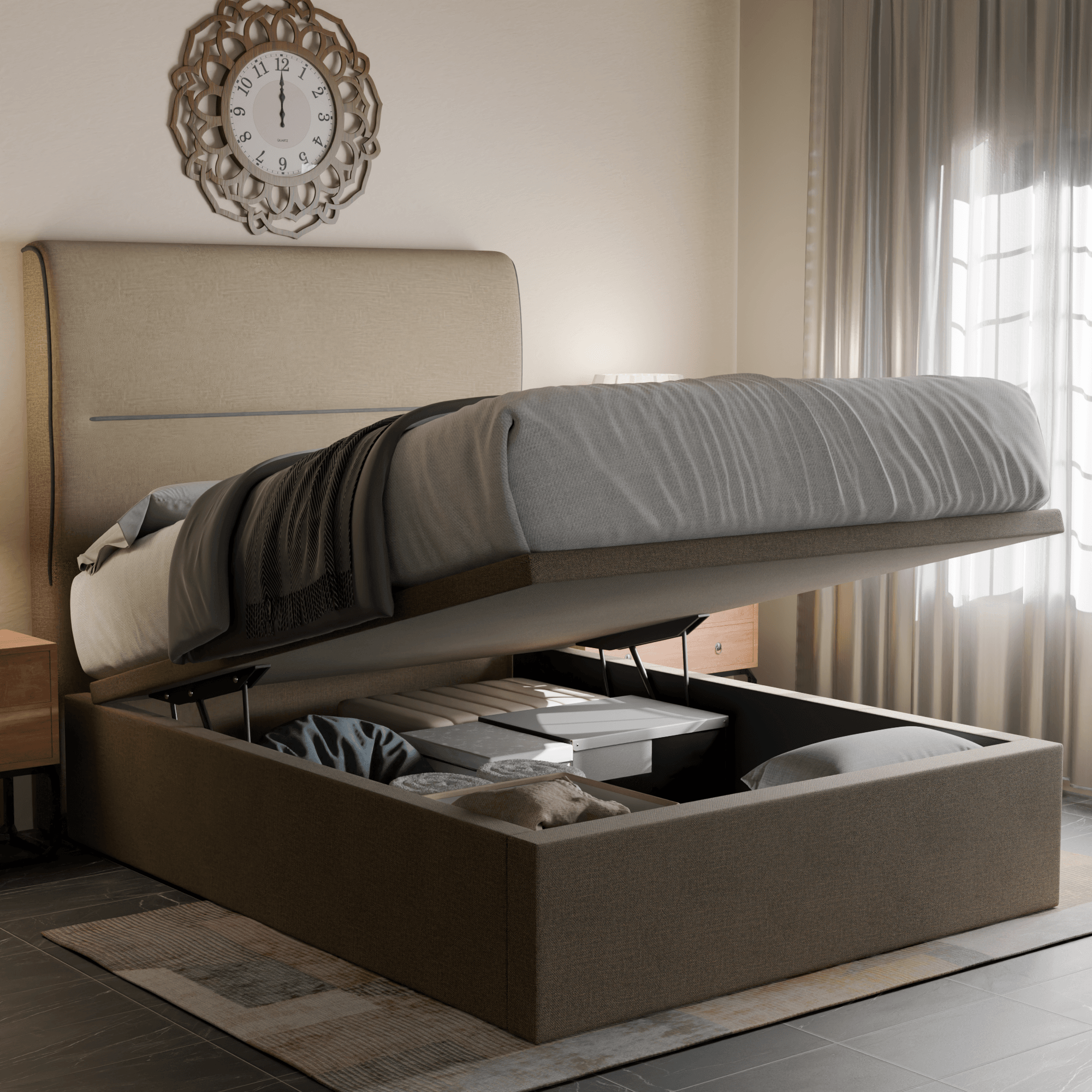 Emilia Fabric Storage Bed with Drawers - Underbed Storage Organizer for Bedroom, Guest Room, Kids Room - Queen Size, Gray Linen