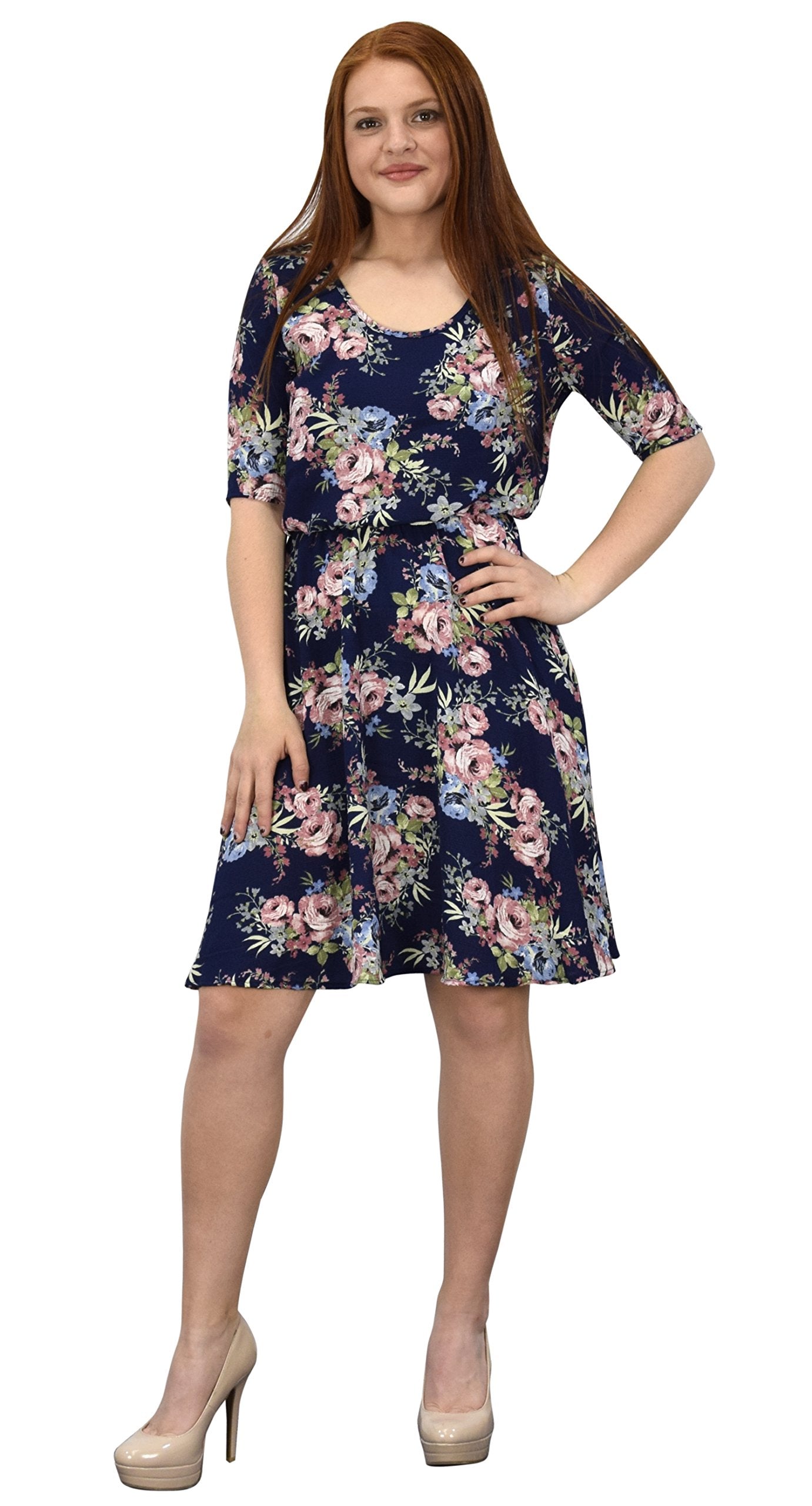 Women's Half Sleeve Rose Floral Print Princess Seam Skater Dress - Elegant A-Line Party Dress for Casual Outings, Date Nights & Special Occasions