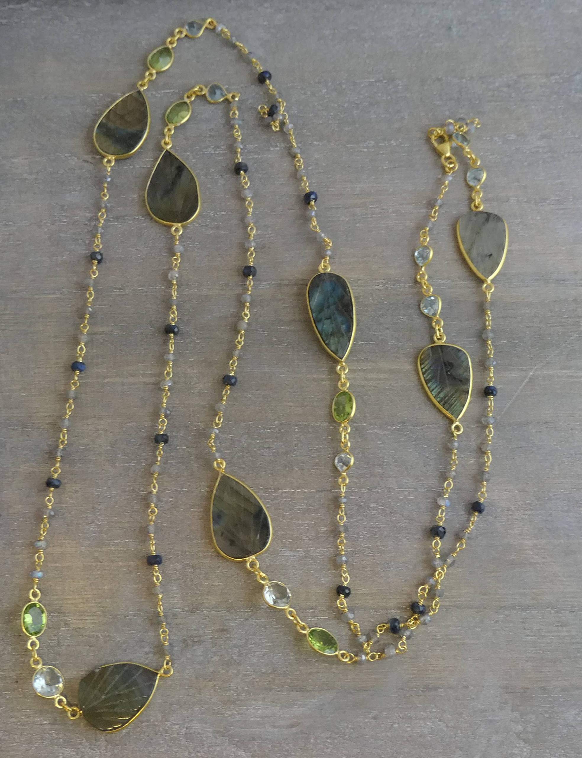 Handmade Labradorite Blue Topaz Peridot Gold Plated Sterling Silver Necklace 107cm - Natural Gemstone Jewelry for Women | Perfect Birthday, Bridal, Wedding & Mother's Day Gift - Elegant Everyday Wear & Special Occasion Accessory
