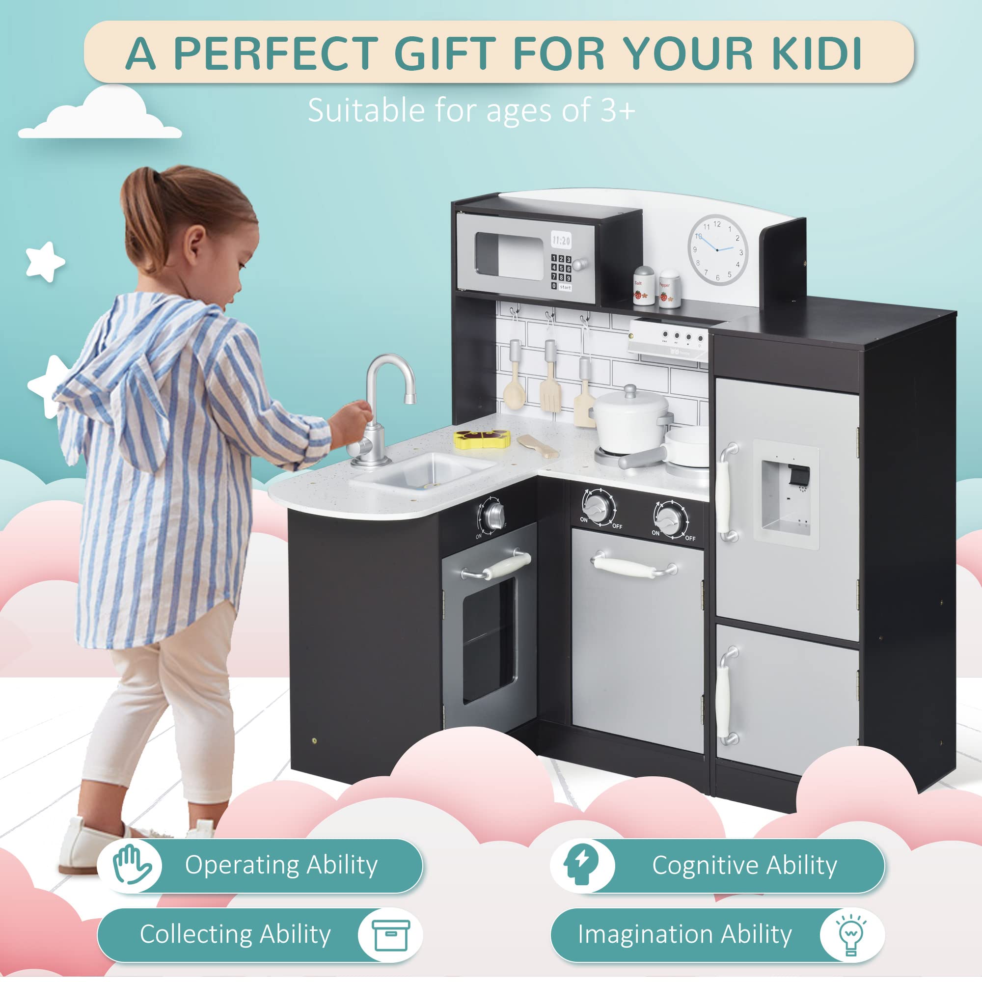 Qaba Corner Kids Wooden Kitchen Playset with Drinking Fountain, Microwave, Fridge & Accessories - Pretend Play Kitchen Toy for Ages 3+ - Perfect for Home, Preschool & Daycare Playrooms
