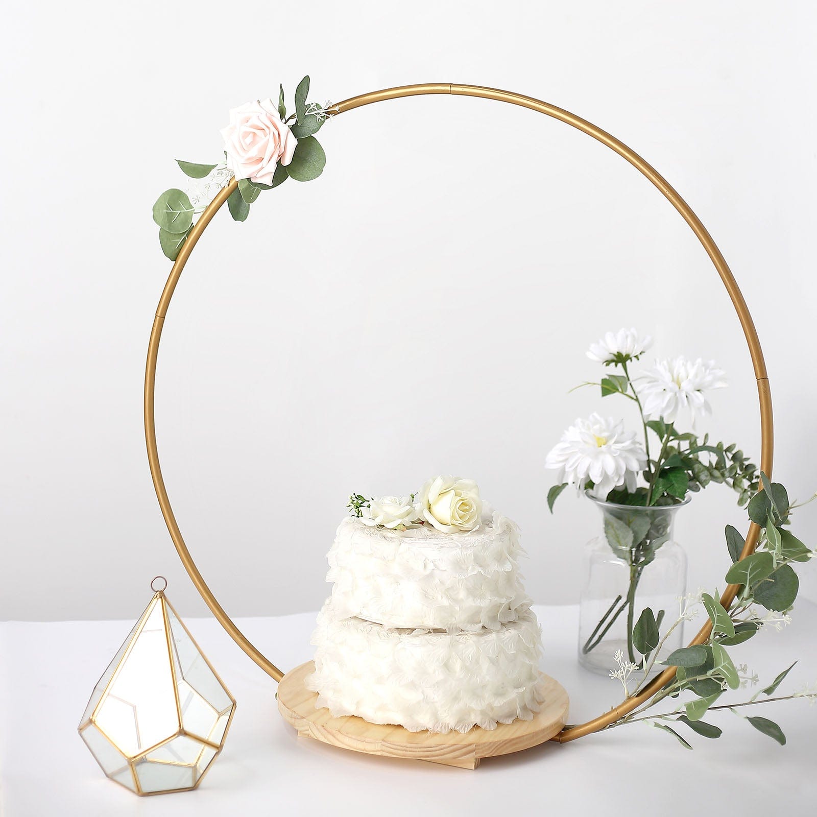 Round Geometric Metal Arch Cake Display Stand - Gold Wooden Dessert Stand for Wedding, Birthday, and Party Decorations